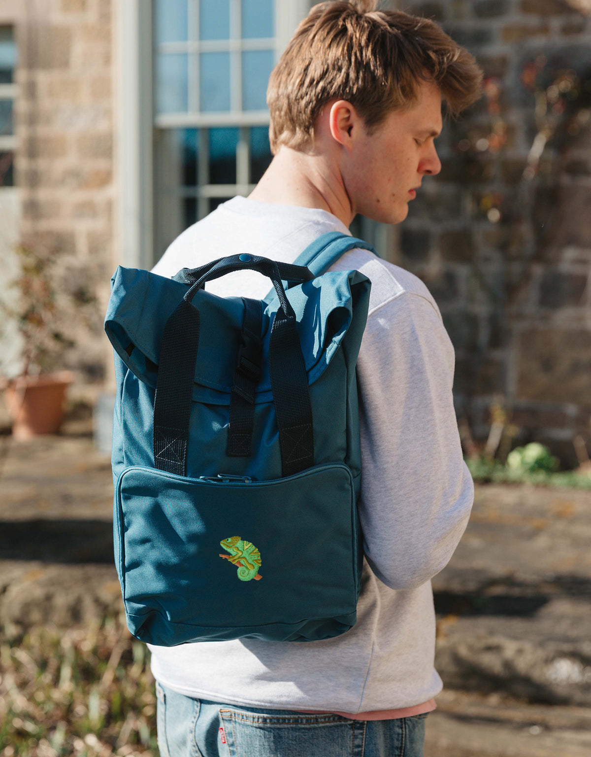Chameleon Embroidered Fold-Top Backpack