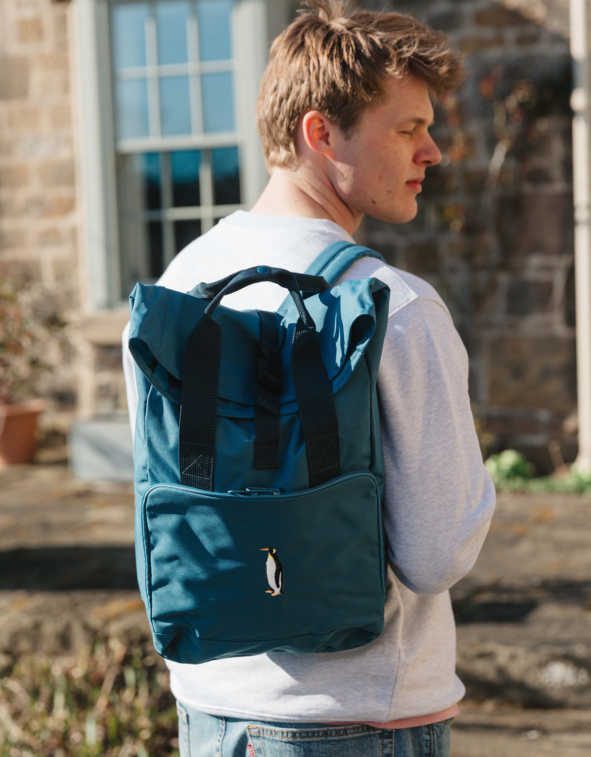 Penguin Embroidered Fold-Top Backpack