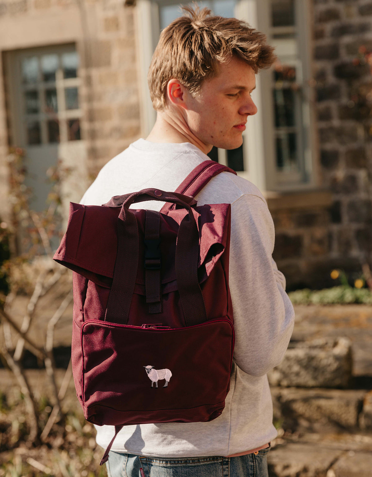Sheep Embroidered Fold-Top Backpack