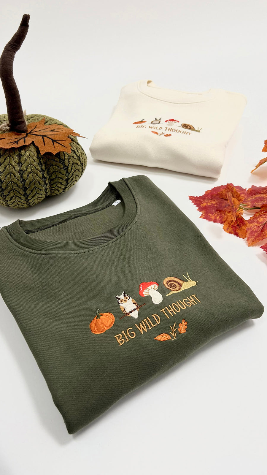 Cosy Autumn embroidered pumpkin, owl, toadstool and snail design by Big Wild Thought, folded flat lay