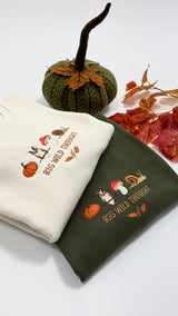 Cosy Autumn embroidered pumpkin, owl, toadstool and snail design by Big Wild Thought, folded flat lay