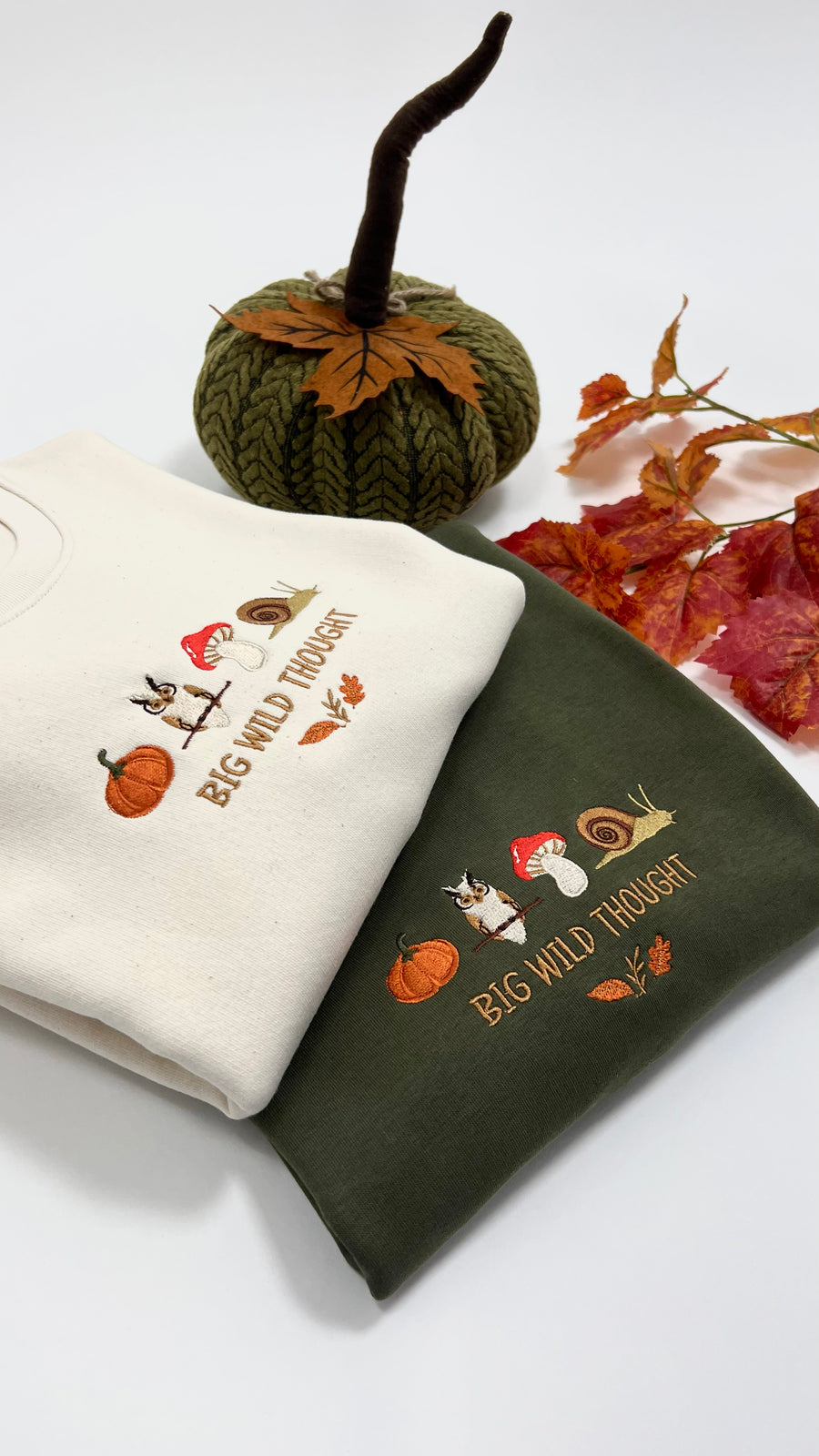 Cosy Autumn embroidered pumpkin, owl, toadstool and snail design by Big Wild Thought, folded flat lay