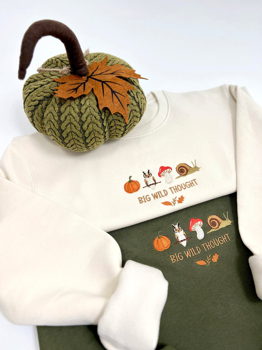 Cosy Autumn embroidered pumpkin, owl, toadstool and snail design by Big Wild Thought, folded flat lay