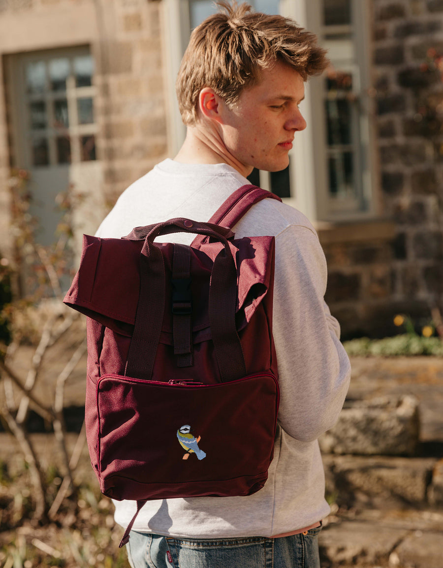 Blue Tit Embroidered Fold-Top Backpack