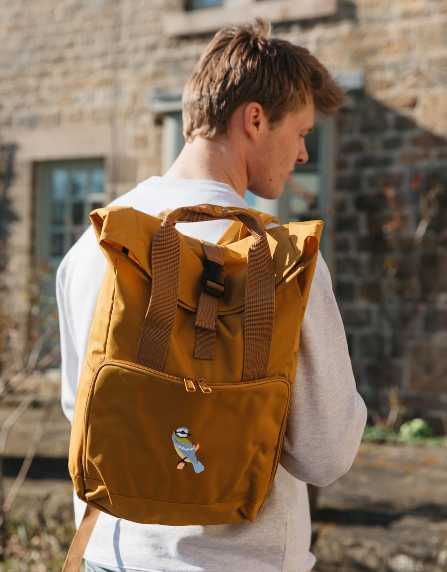 Blue Tit Embroidered Fold-Top Backpack