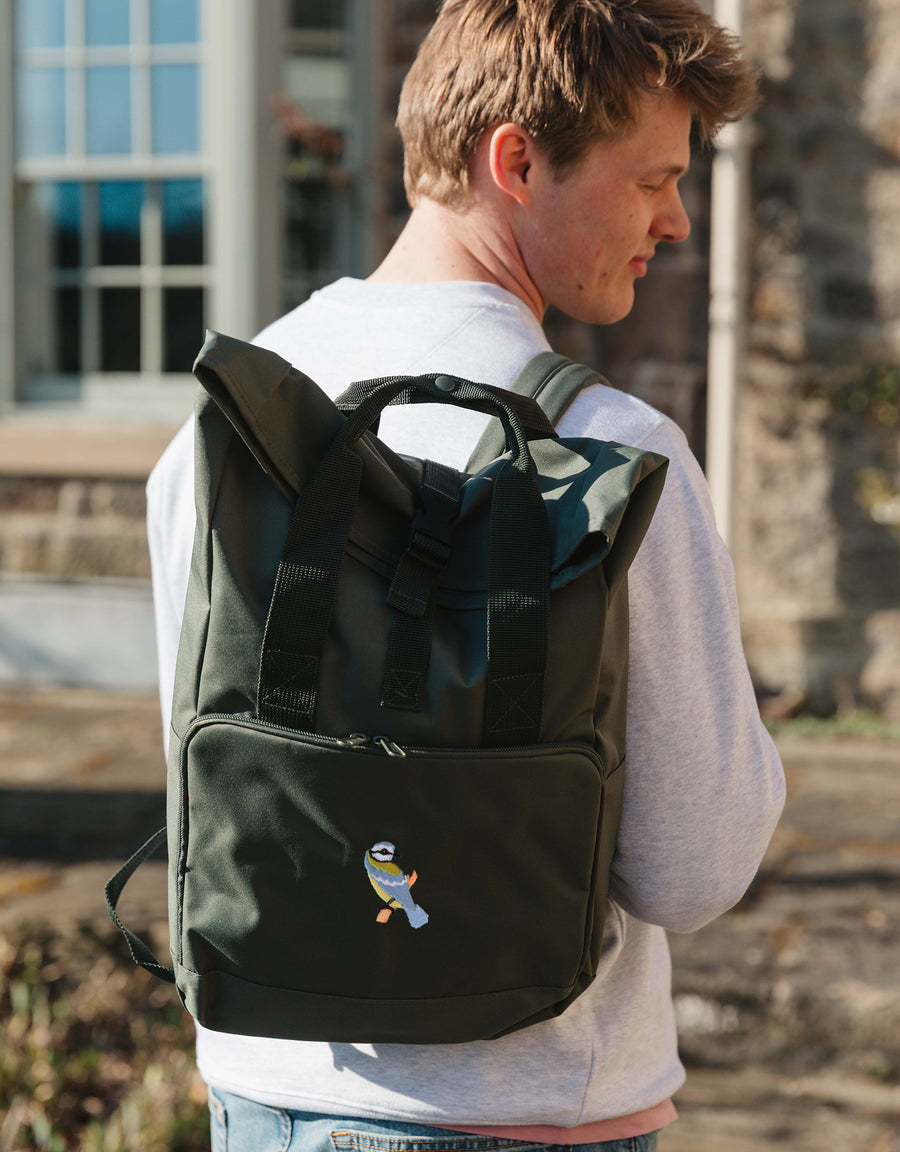 Blue Tit Embroidered Fold-Top Backpack