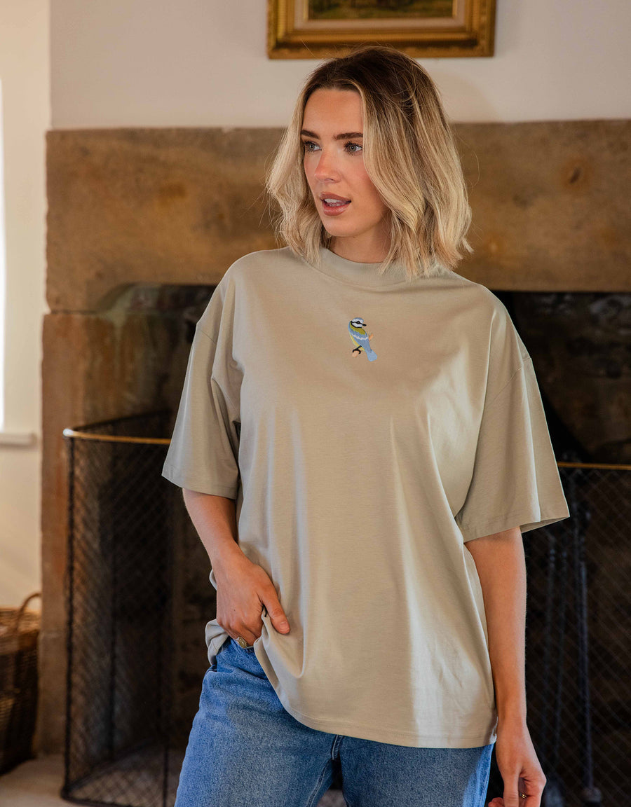 Blue Tit Embroidered Unisex Oversized Tee
