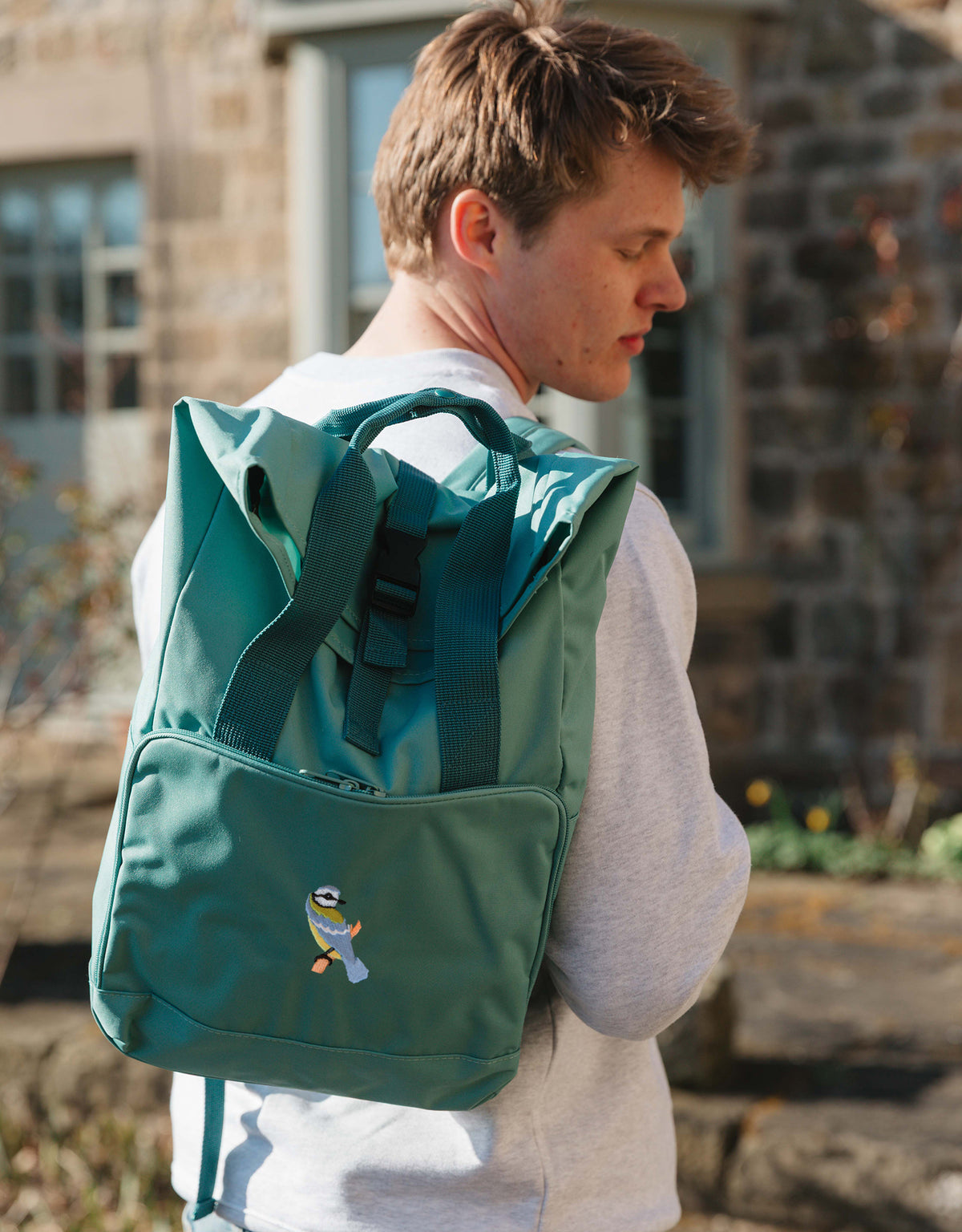 Blue Tit Embroidered Fold-Top Backpack