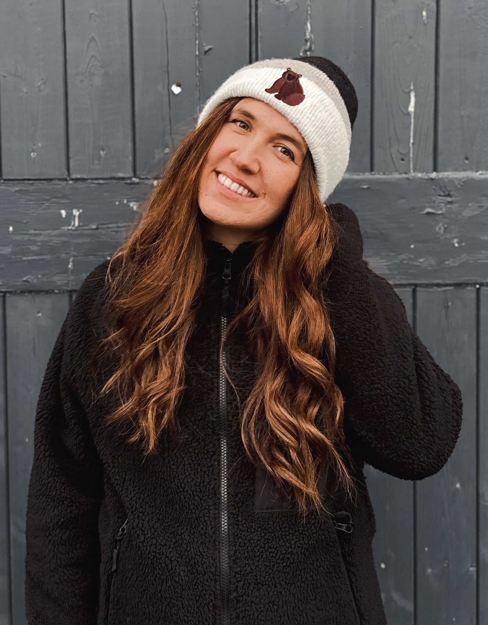 Brown Bear Embroidered Tonal Beanie