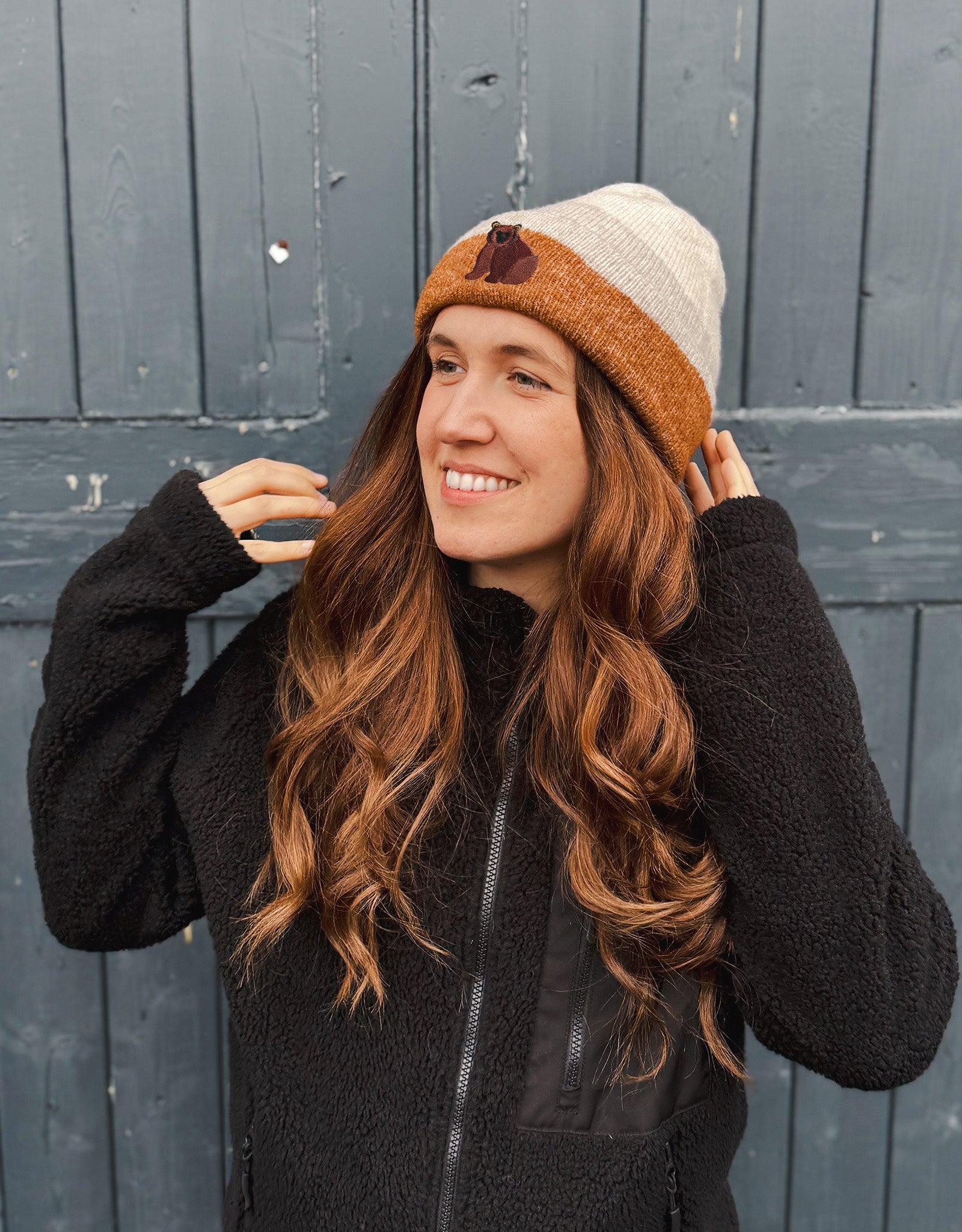 Brown Bear Embroidered Tonal Beanie