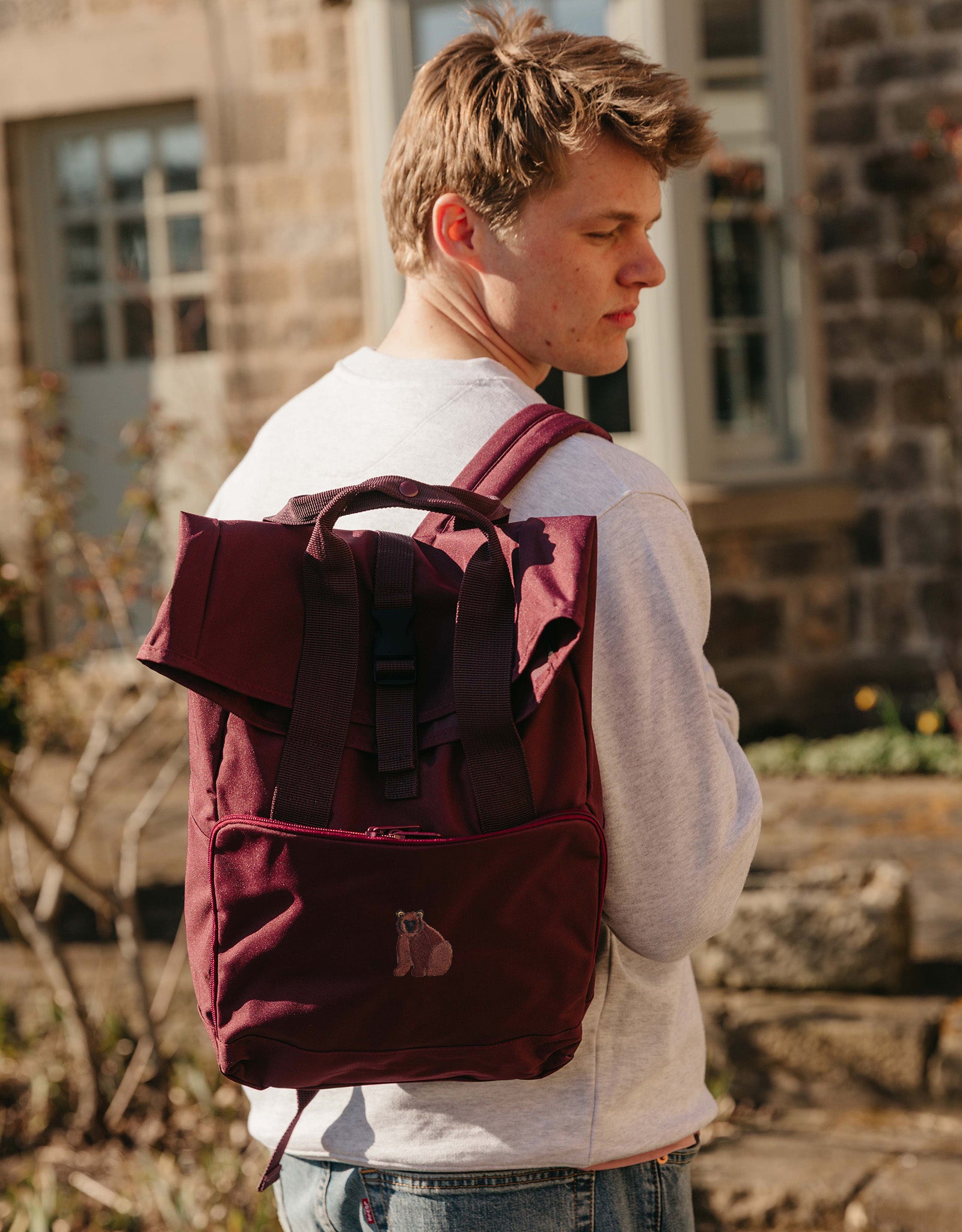 Brown Bear Embroidered Fold-Top Backpack