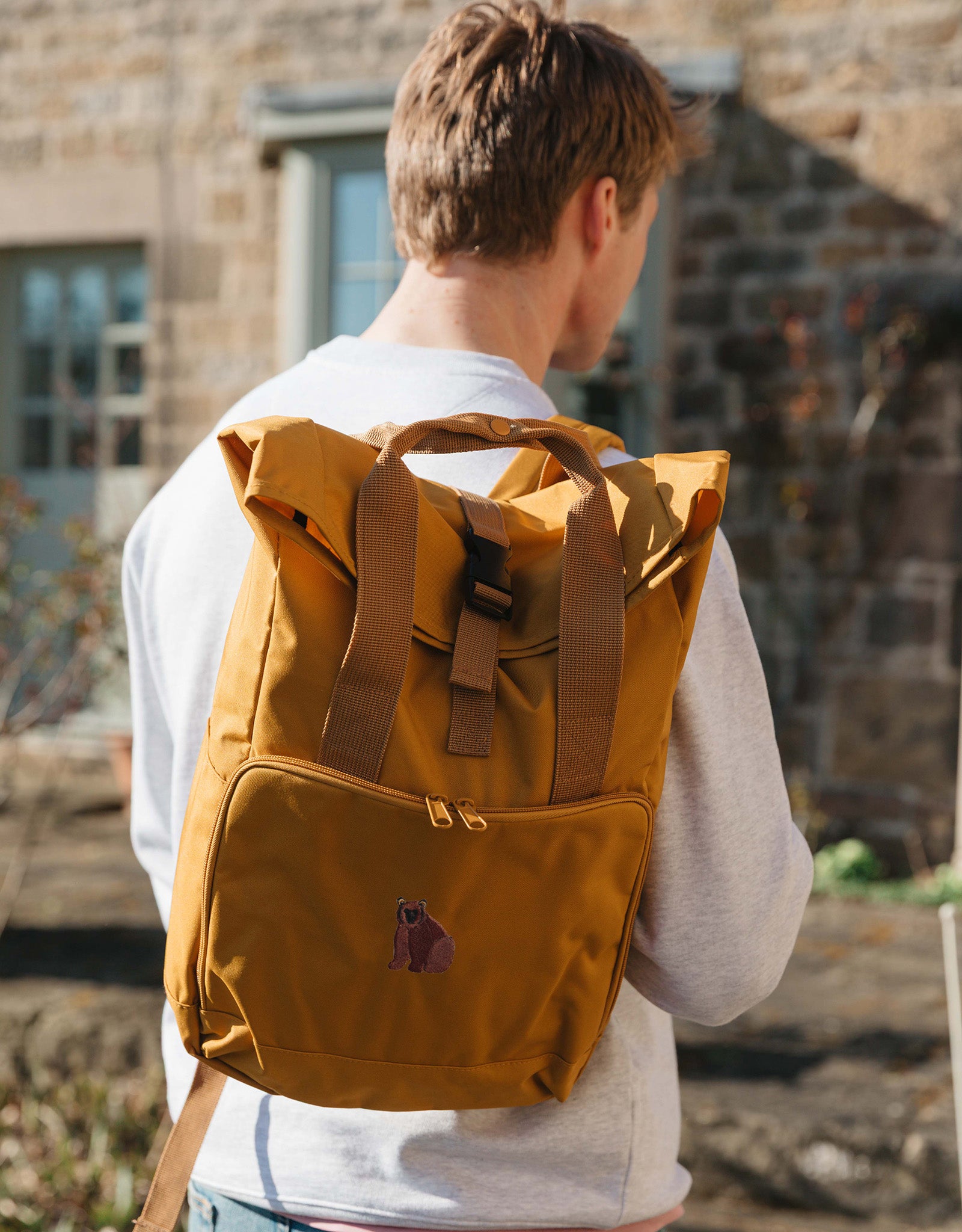 Brown Bear Embroidered Fold-Top Backpack