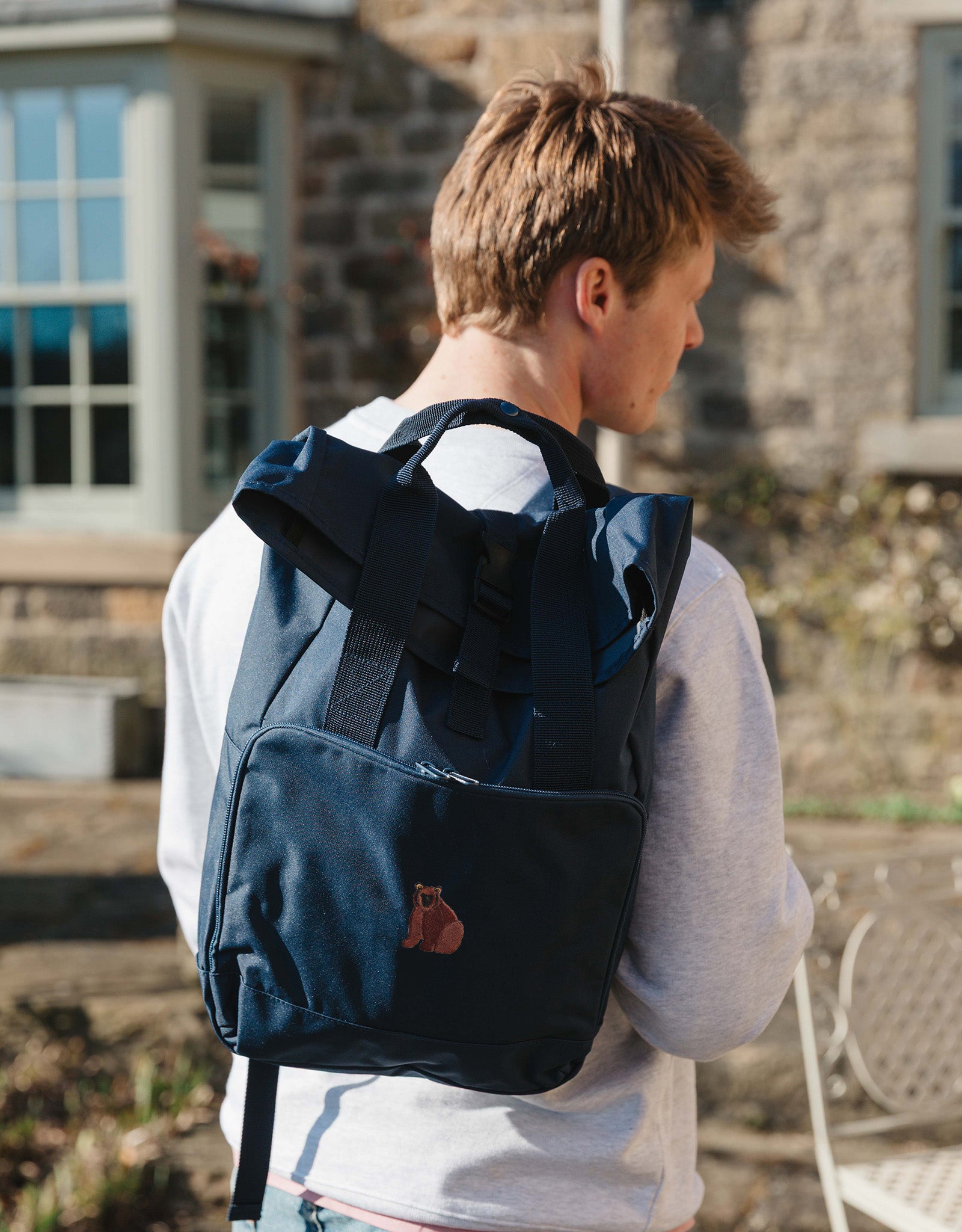 Brown Bear Embroidered Fold-Top Backpack