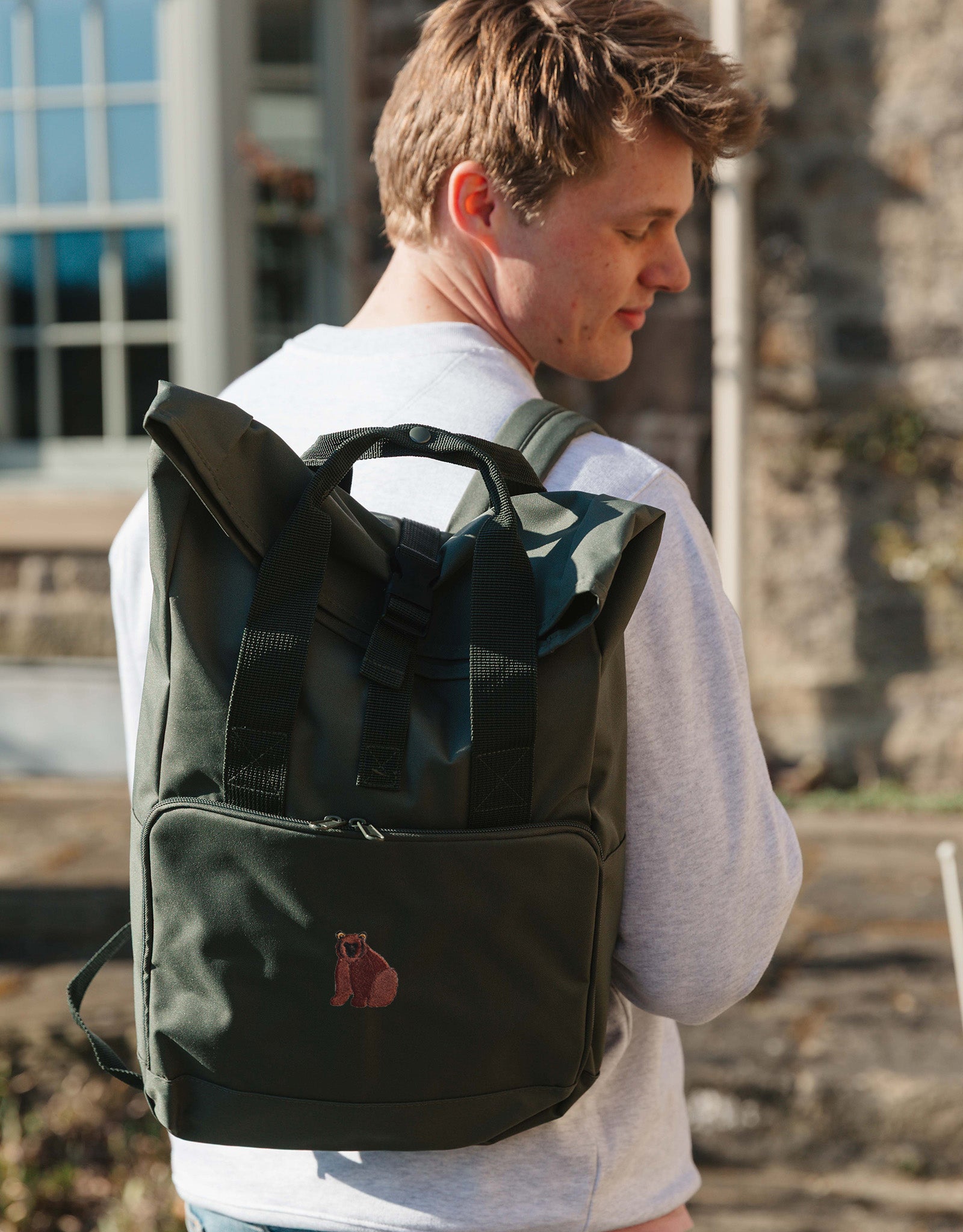 Brown Bear Embroidered Fold-Top Backpack