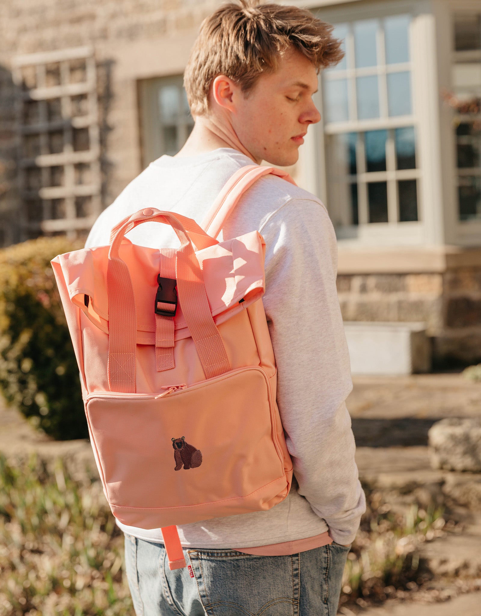 Brown Bear Embroidered Fold-Top Backpack