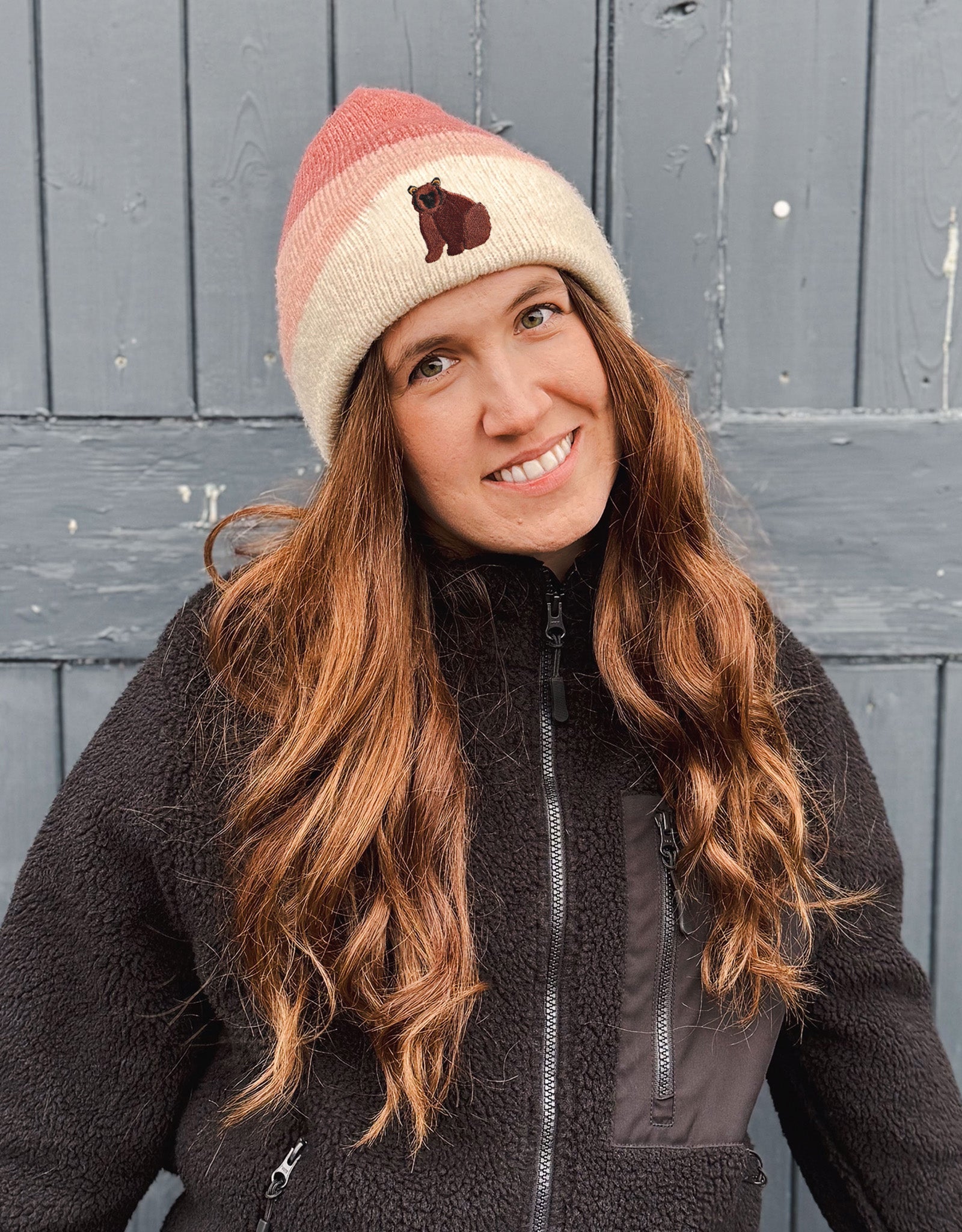 Brown Bear Embroidered Tonal Beanie