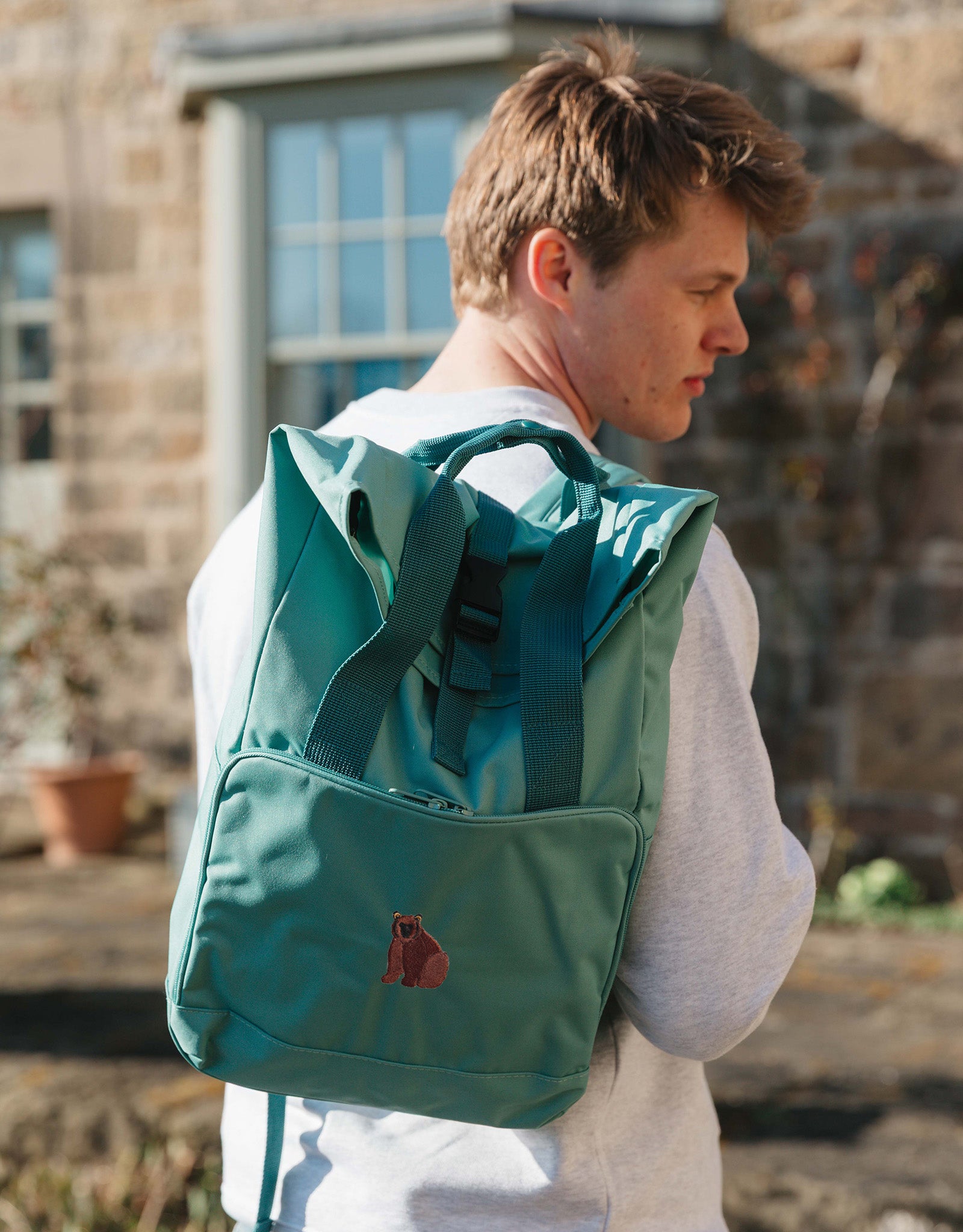 Brown Bear Embroidered Fold-Top Backpack