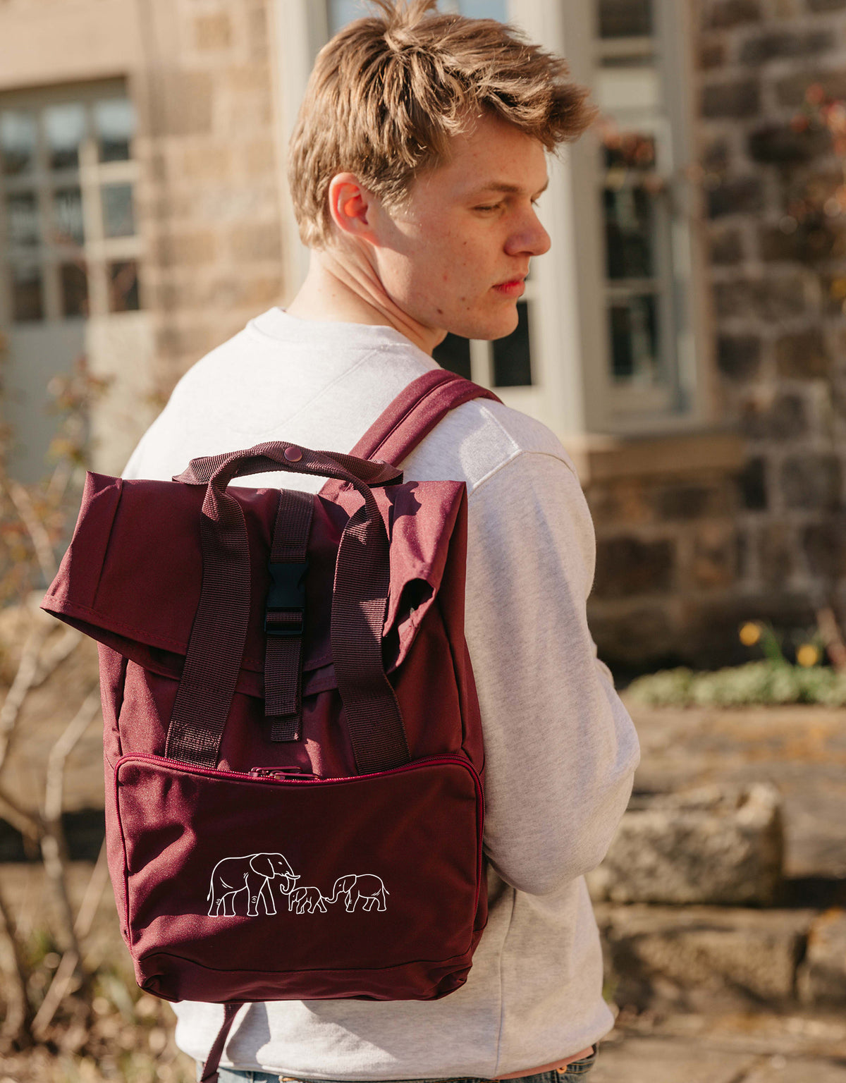 Family of Elephants Embroidered Fold-Top Backpack