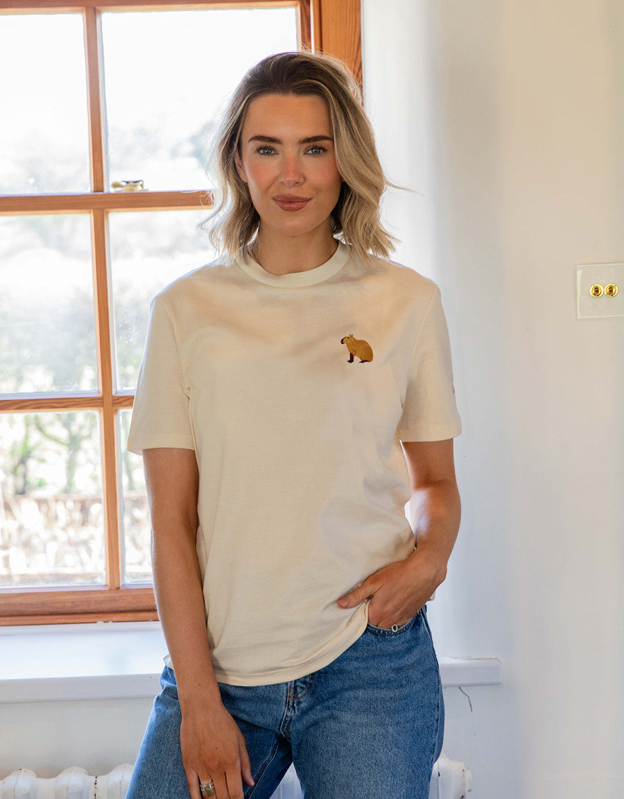 Capybara embroidered organic cotton t-shirt in Natural, worn by a model