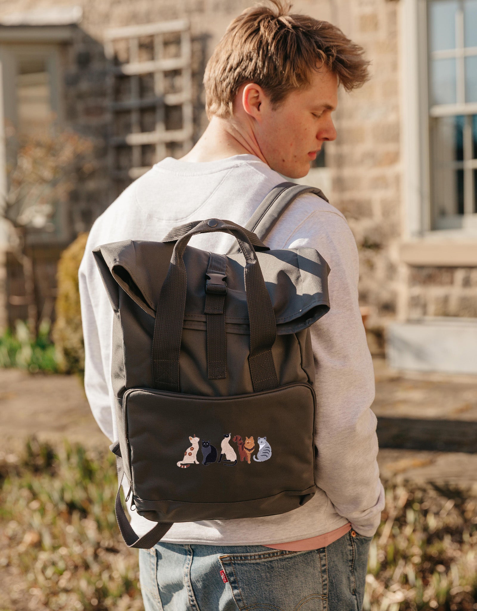 Cats Embroidered Fold-Top Backpack