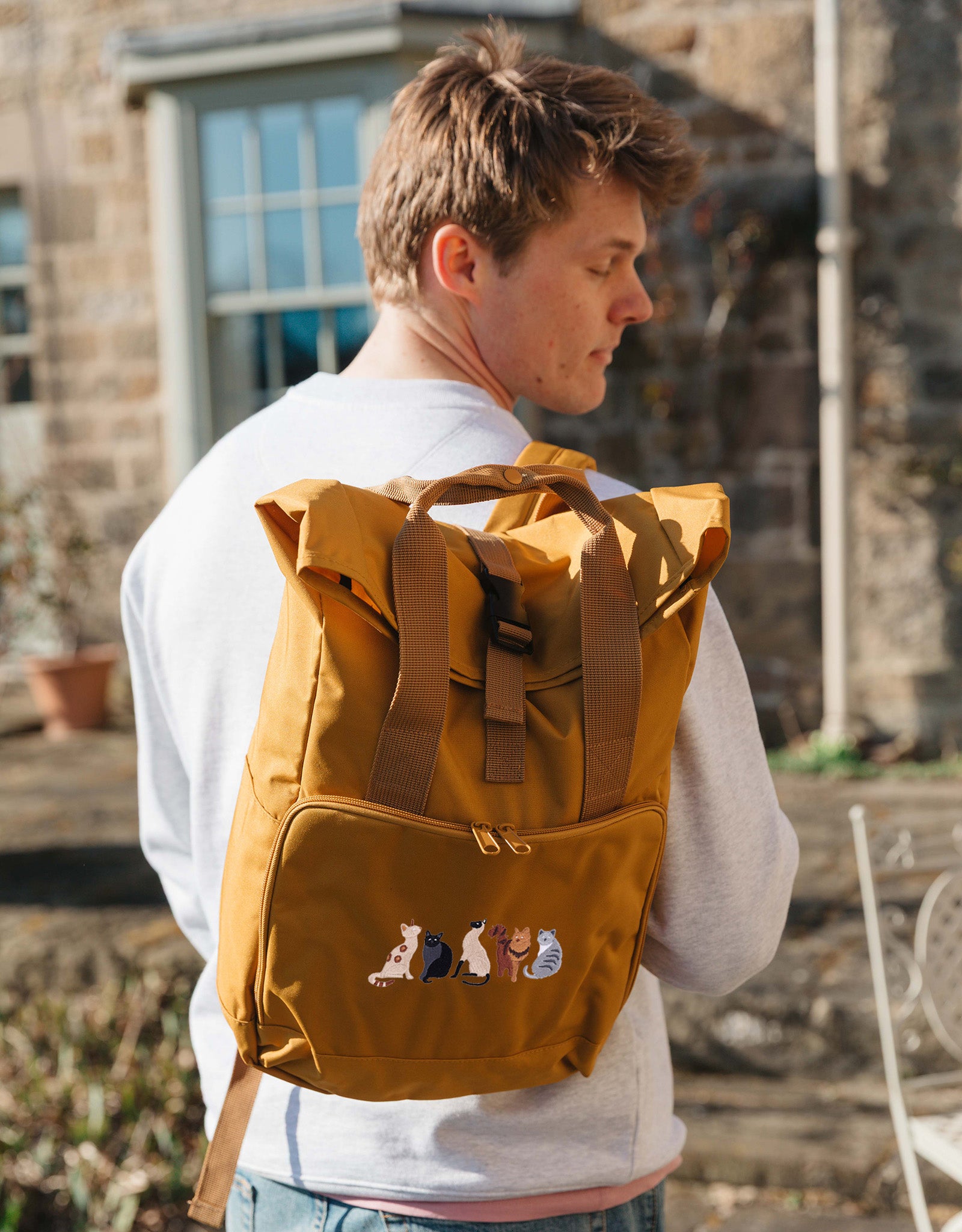 Cats Embroidered Fold-Top Backpack