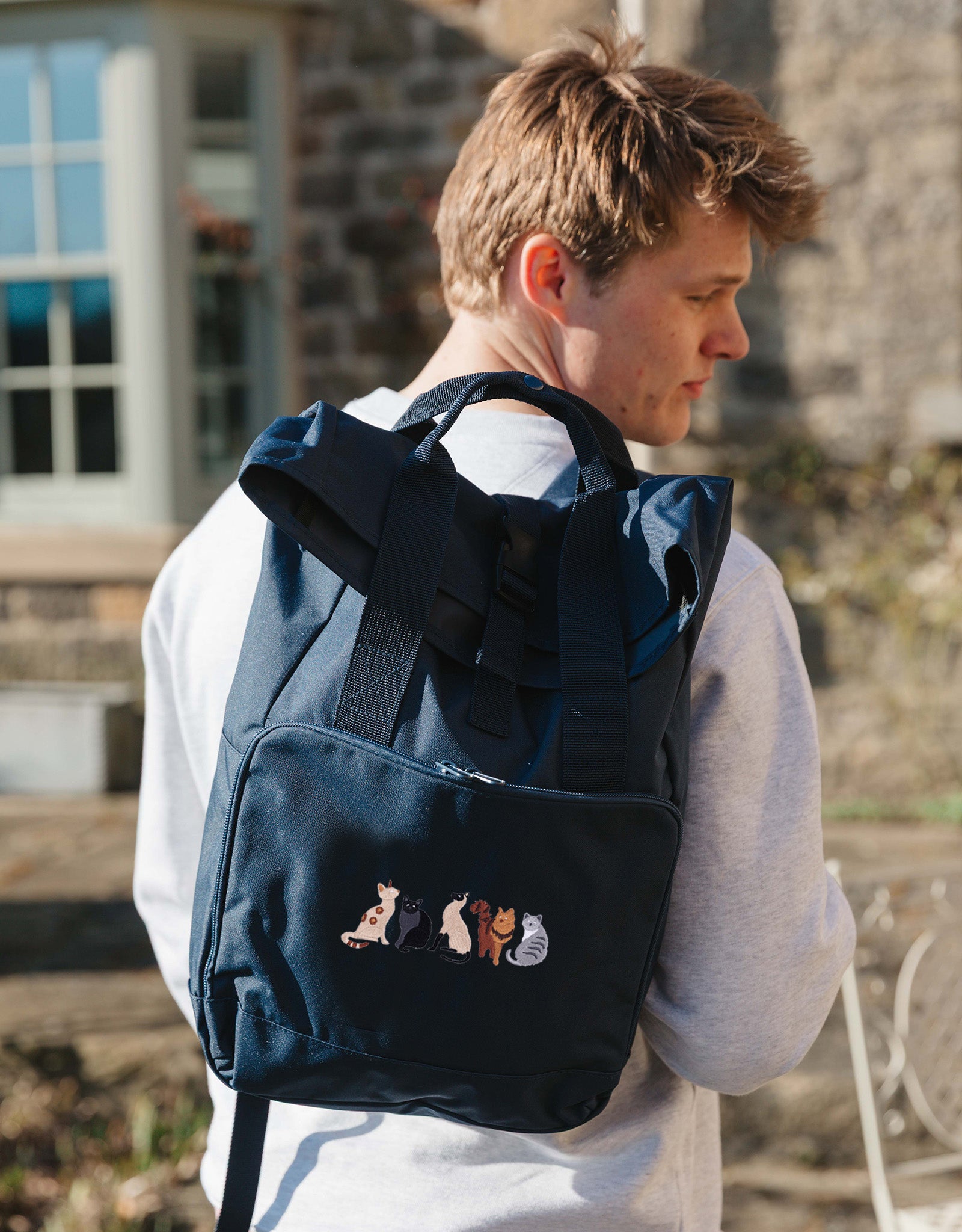 Cats Embroidered Fold-Top Backpack