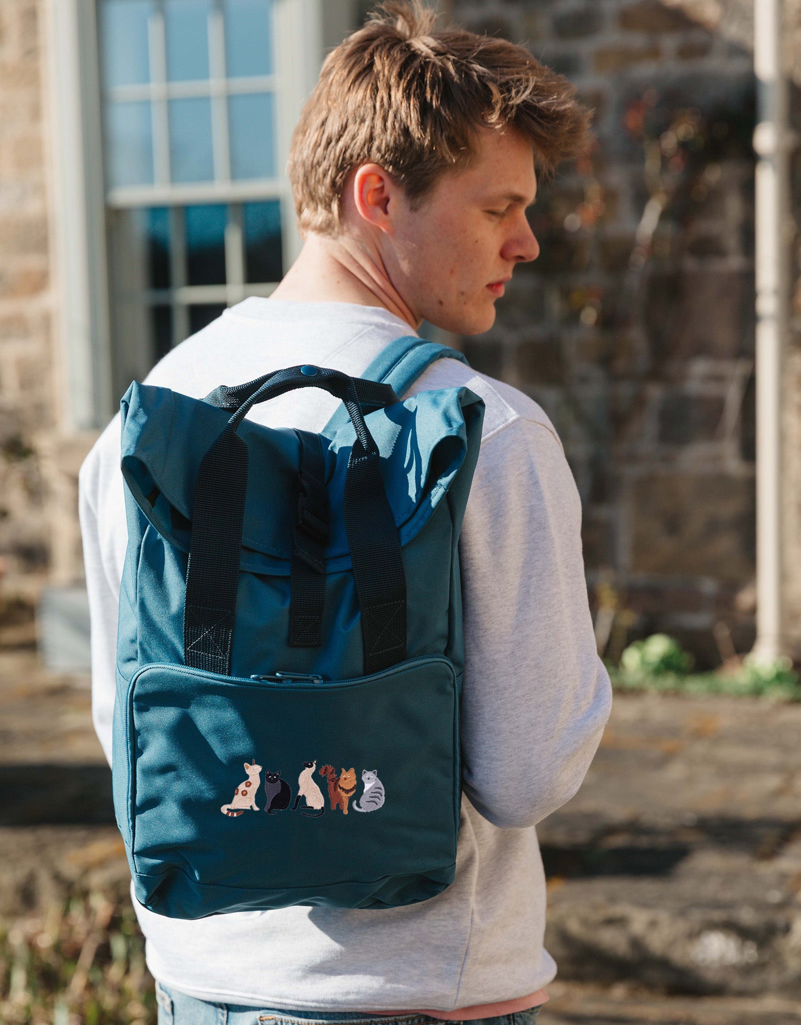 Cats Embroidered Fold-Top Backpack