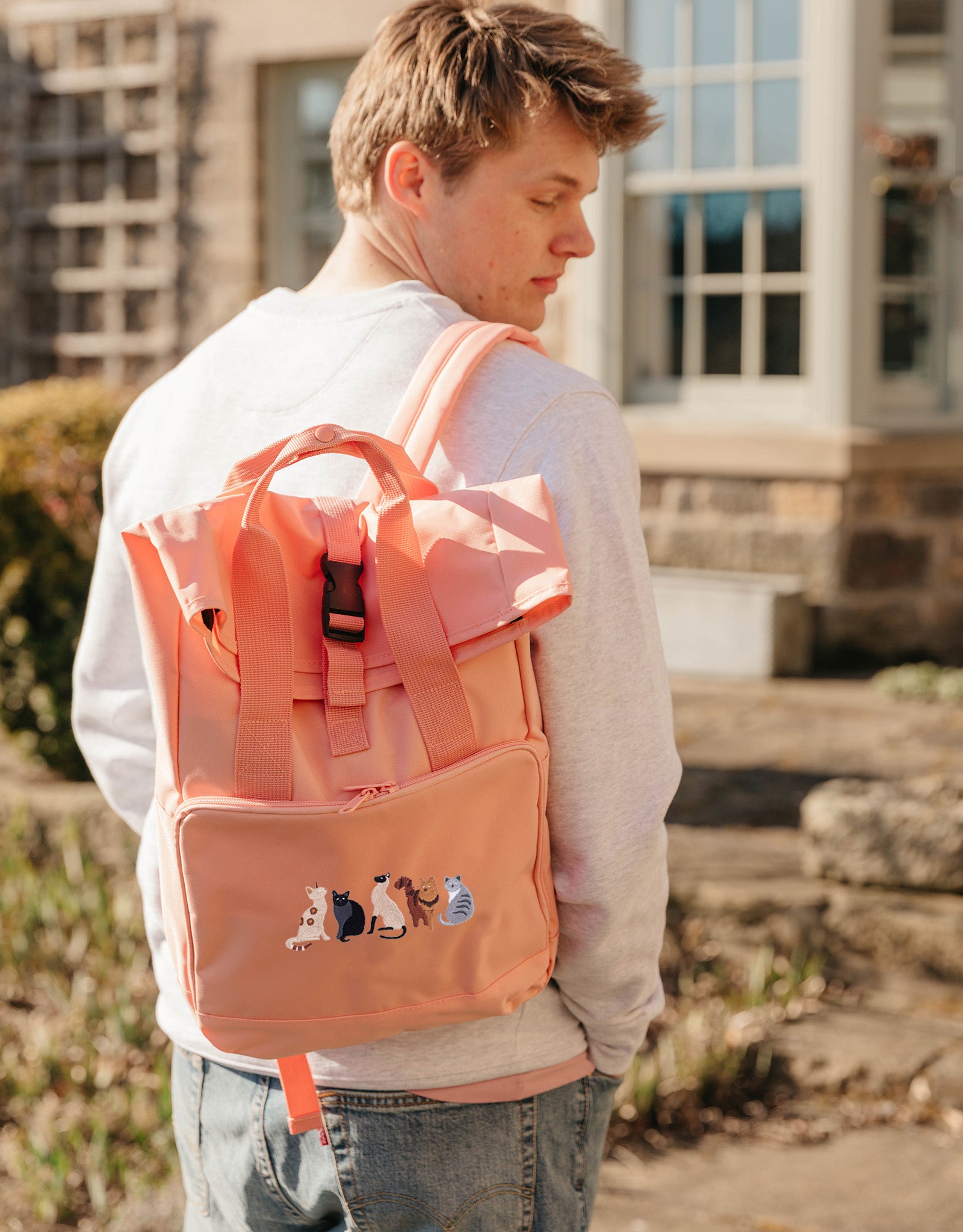 Cats Embroidered Fold-Top Backpack