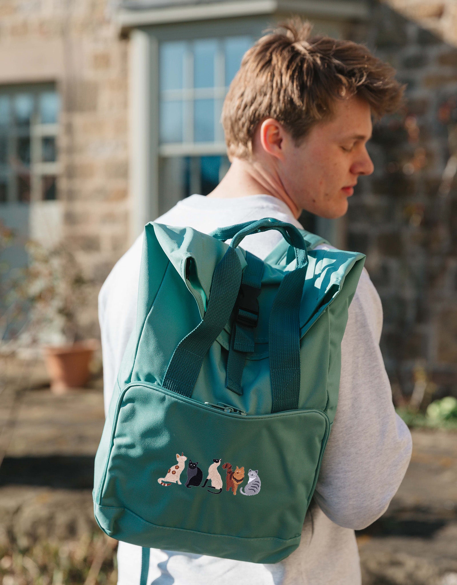 Cats Embroidered Fold-Top Backpack