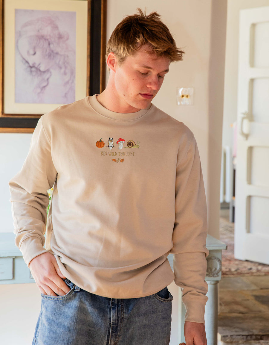 Cosy Autumn embroidered unisex sweatshirt in Sand worn by a model, with a pumpkin, owl, toadstool and snail design