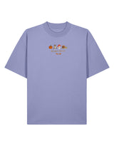 Cosy Autumn embroidered unisex oversized tee in Violet, with a pumpkin, owl, toadstool and snail design