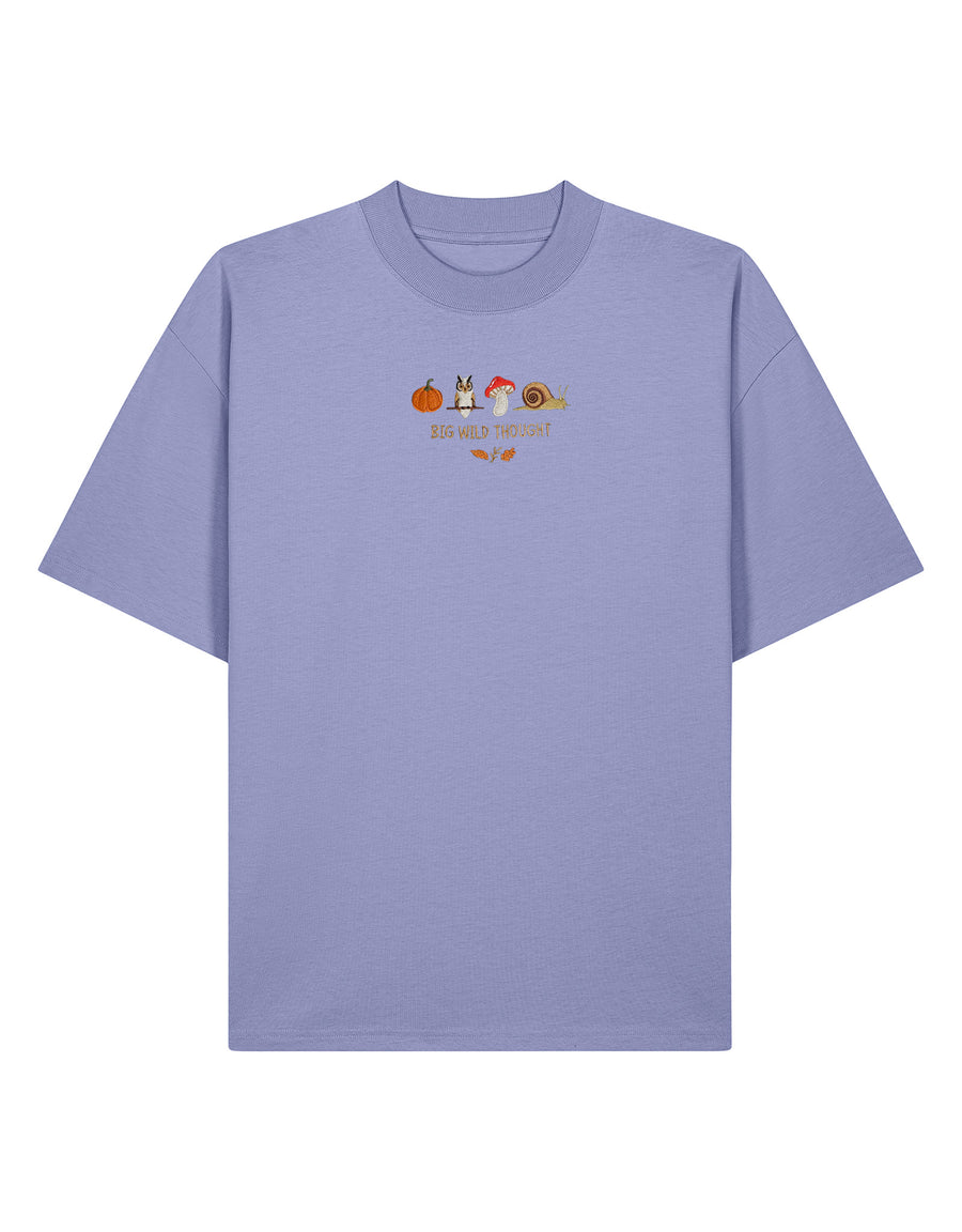 Cosy Autumn embroidered unisex oversized tee in Violet, with a pumpkin, owl, toadstool and snail design