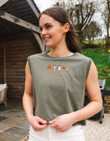Cosy Autumn embroidered unisex sleeveless tee in Washed Khaki, with a pumpkin, owl, toadstool and snail design