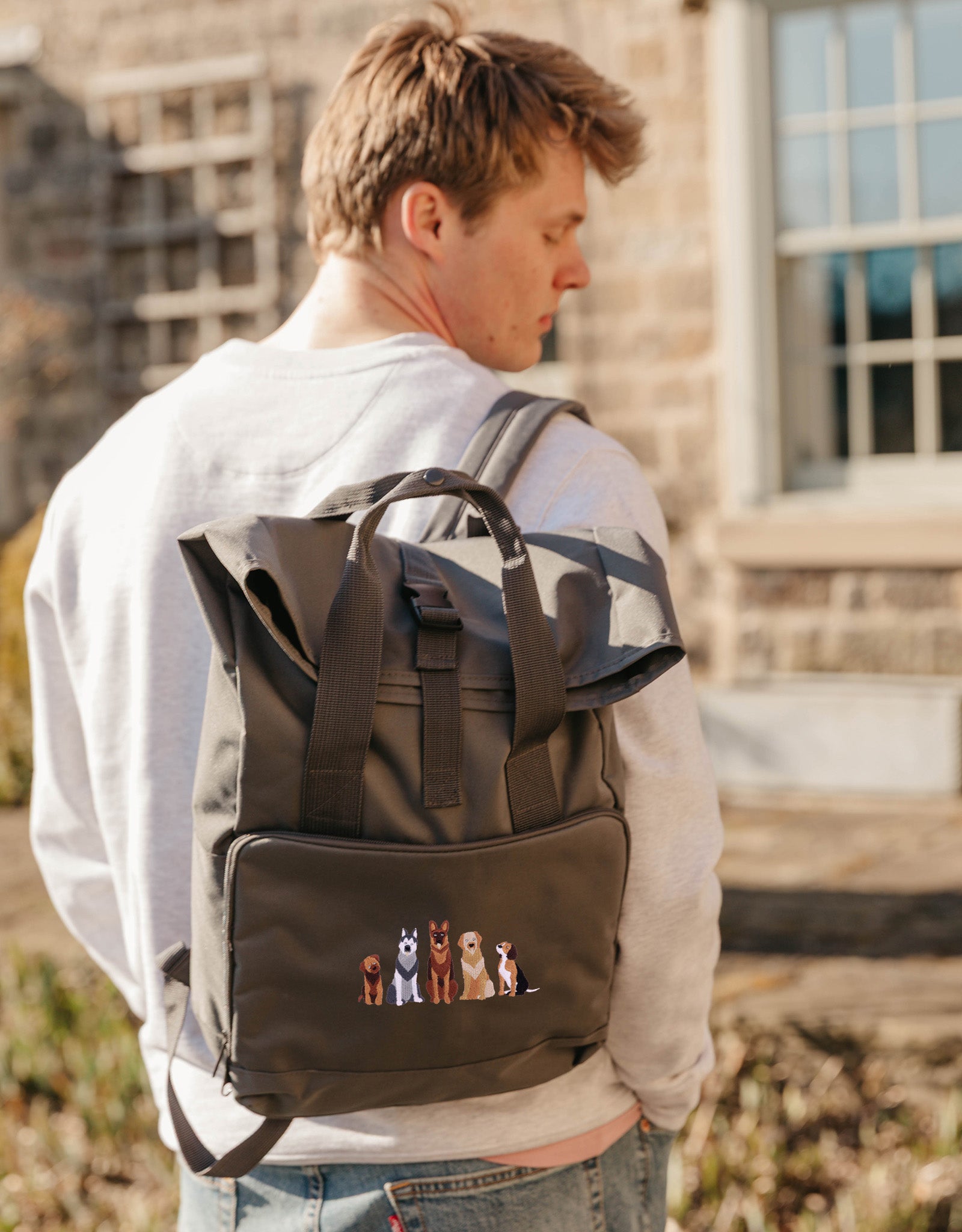 Dogs Embroidered Fold-Top Backpack