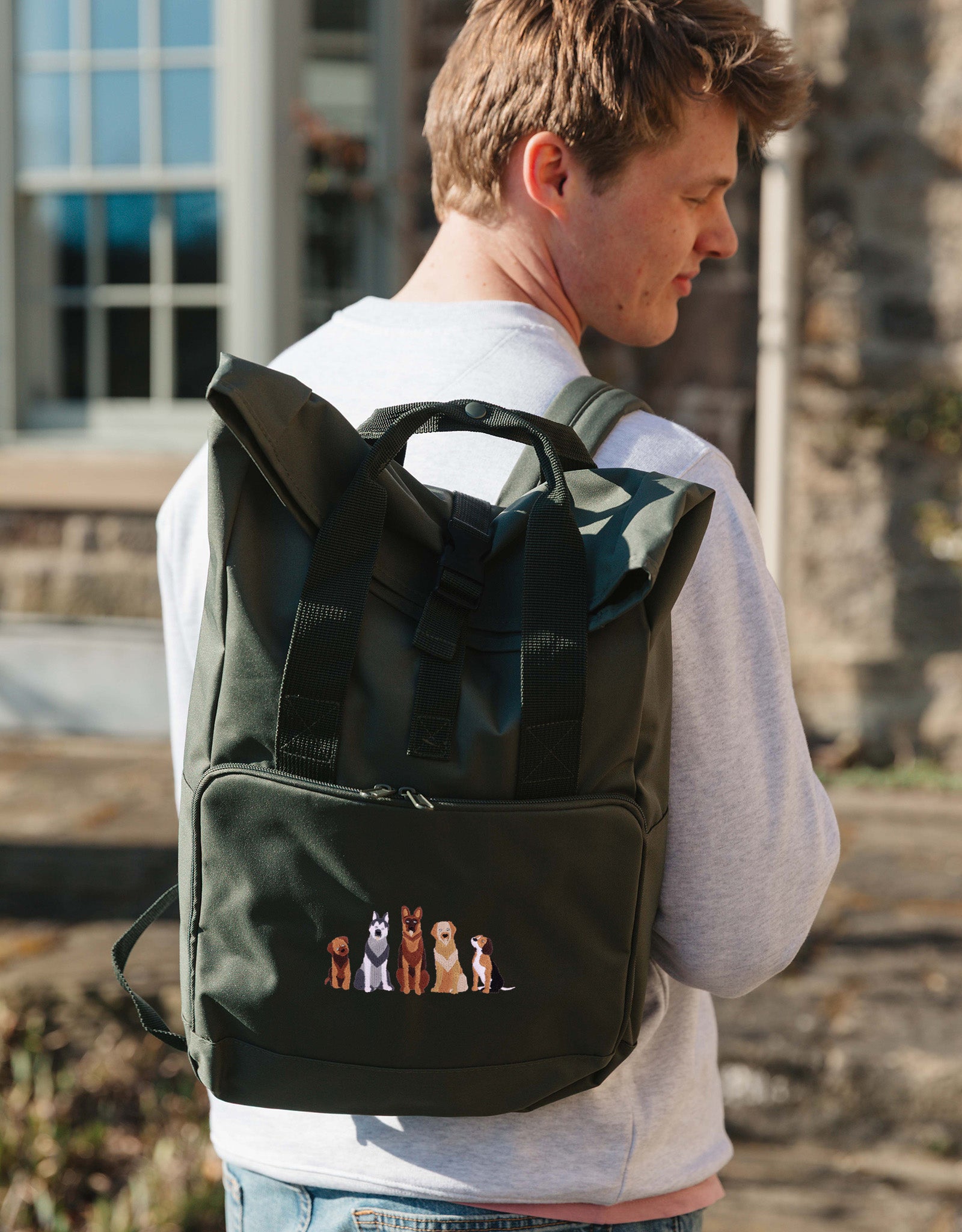 Dogs Embroidered Fold-Top Backpack