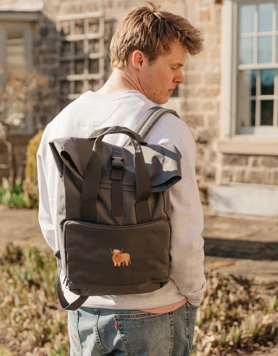 Highland Cow Embroidered Fold-Top Backpack