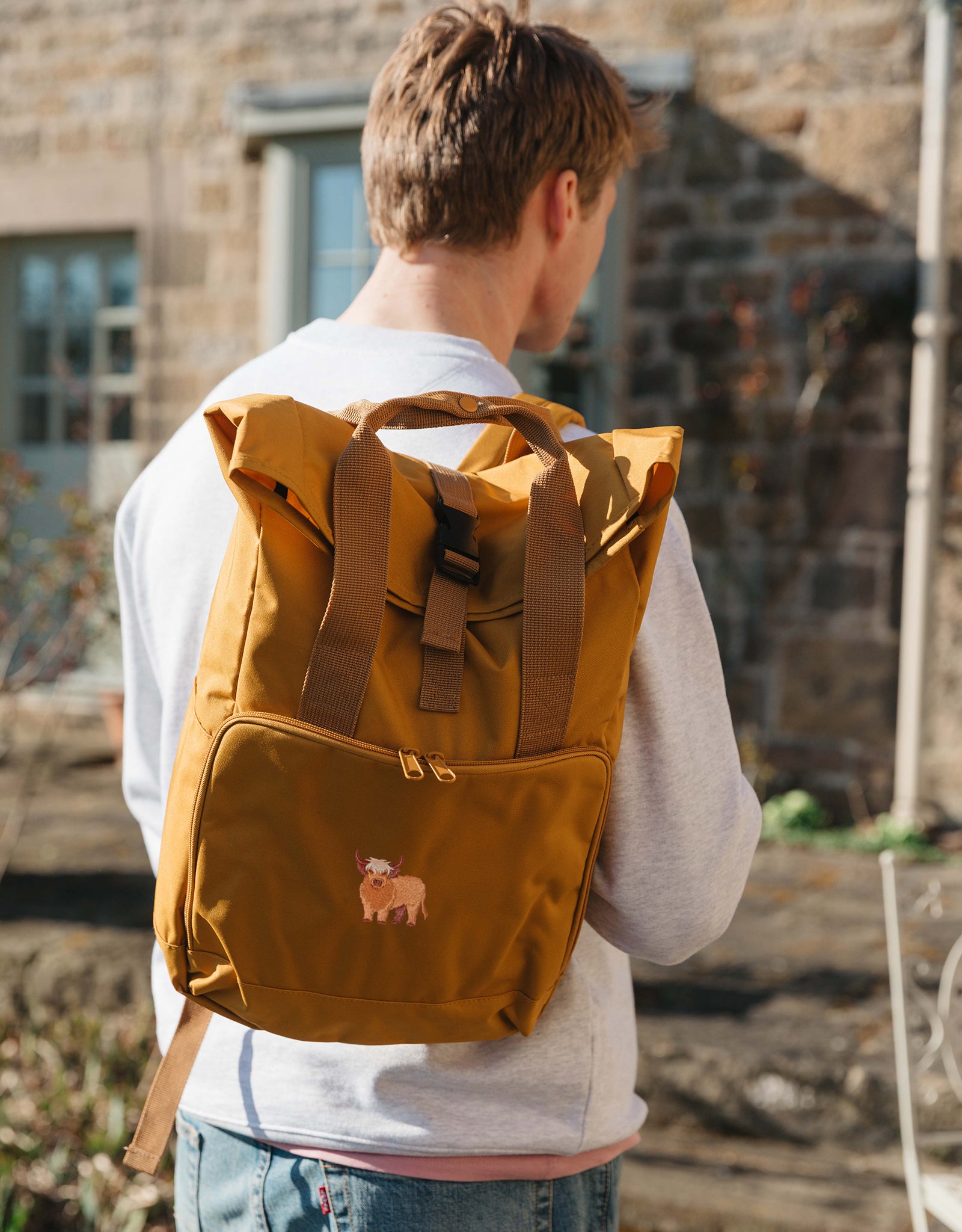 Highland Cow Embroidered Fold-Top Backpack