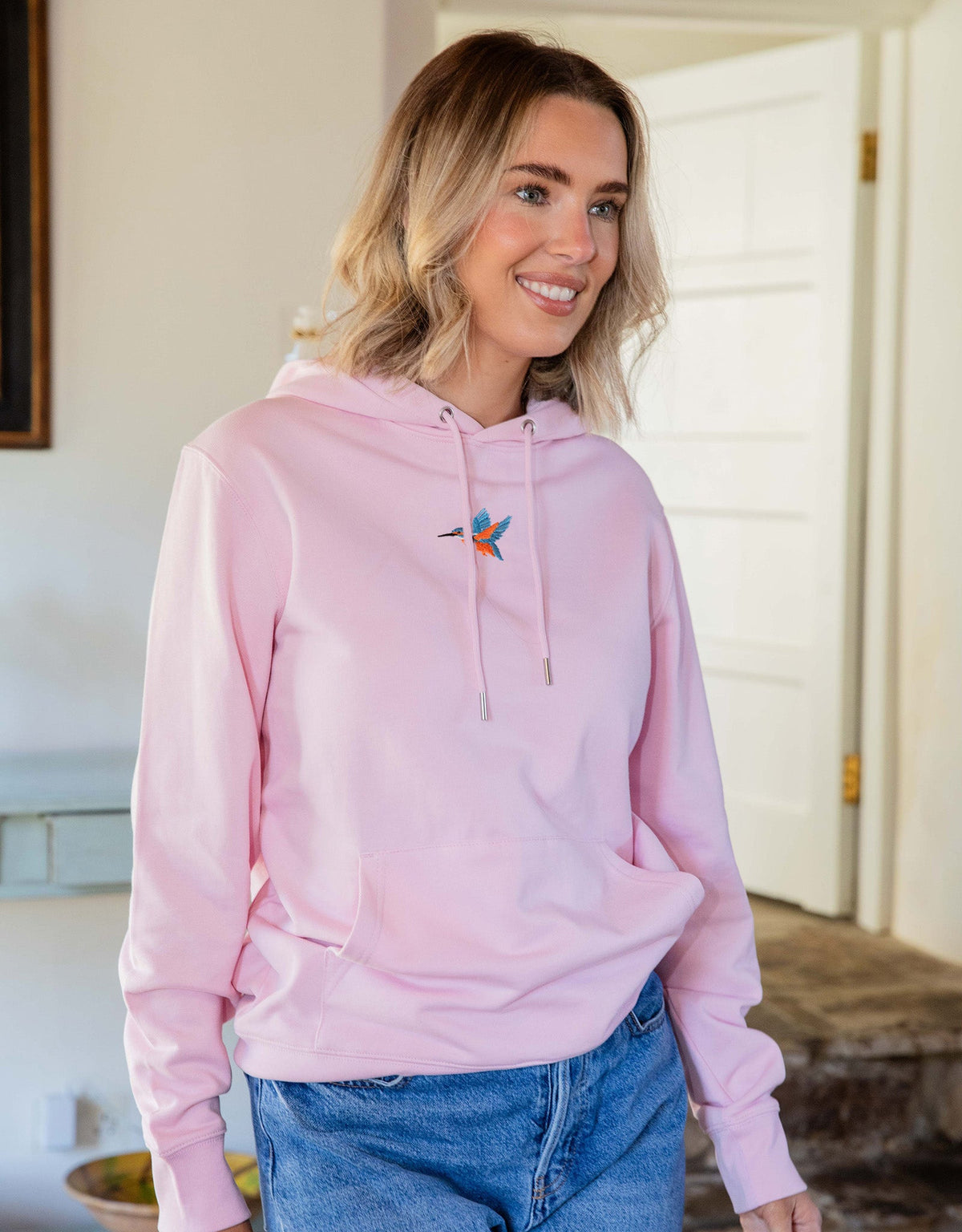 Kingfisher embroidered hoodie in light pink