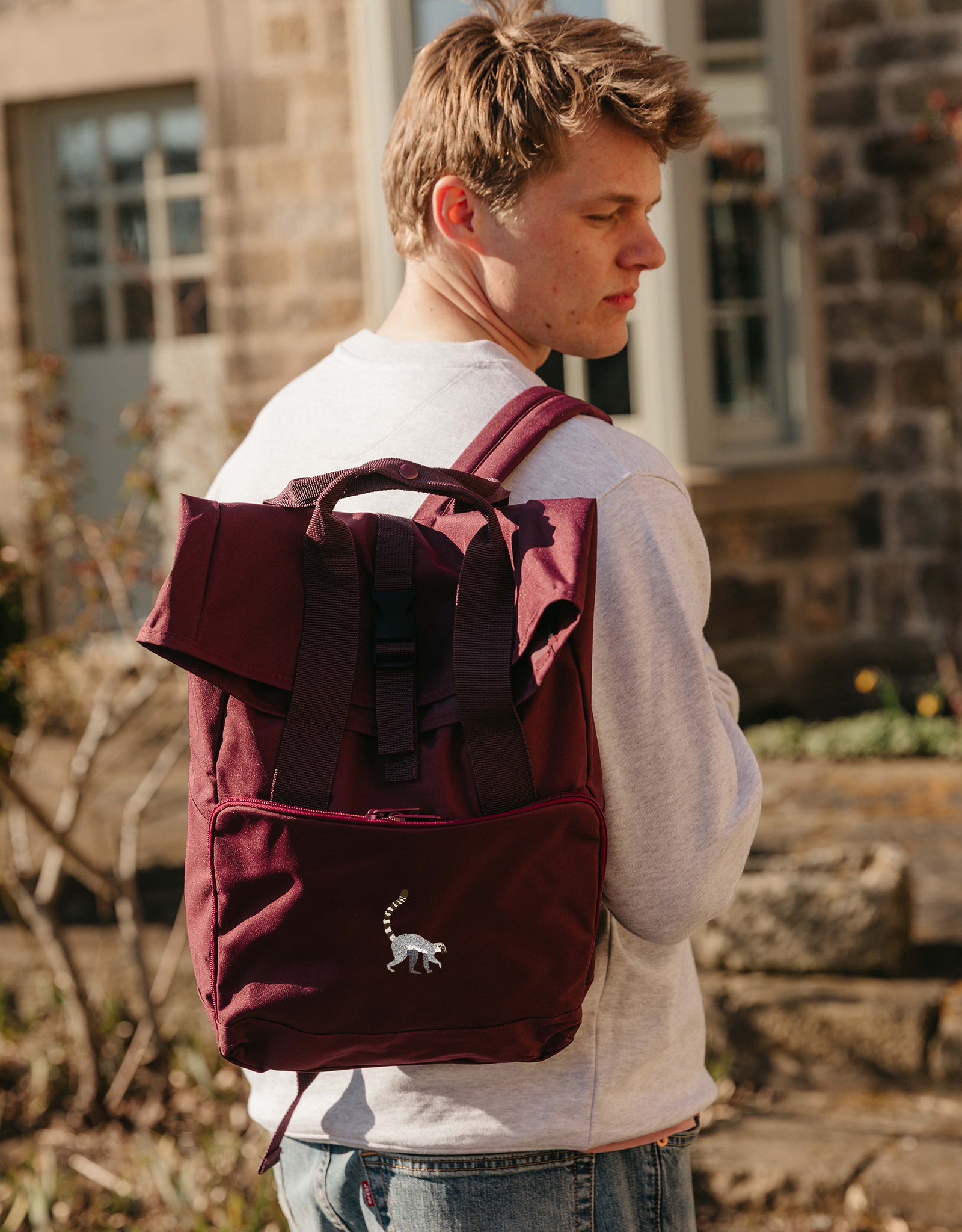Lemur Embroidered Fold-Top Backpack