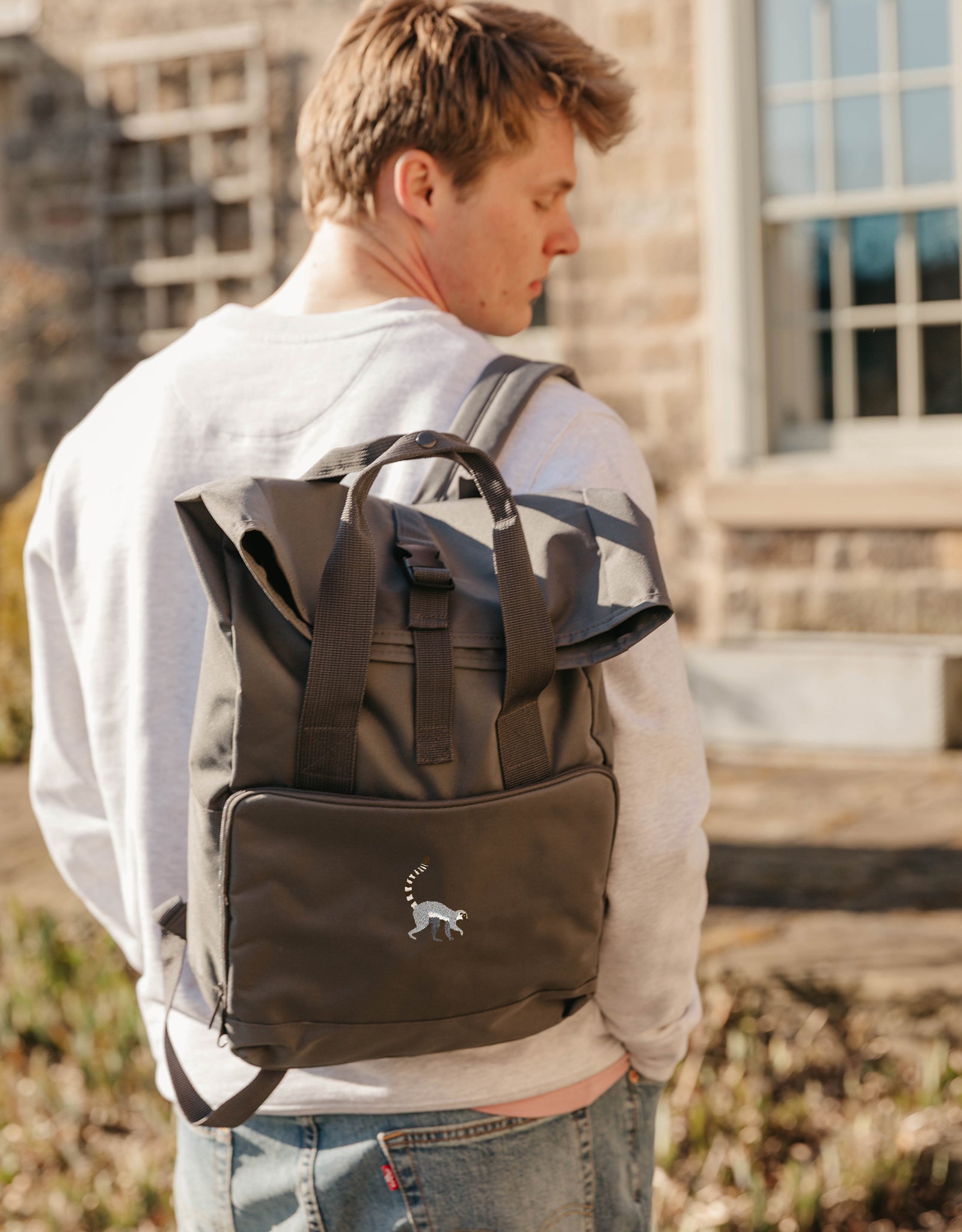 Lemur Embroidered Fold-Top Backpack