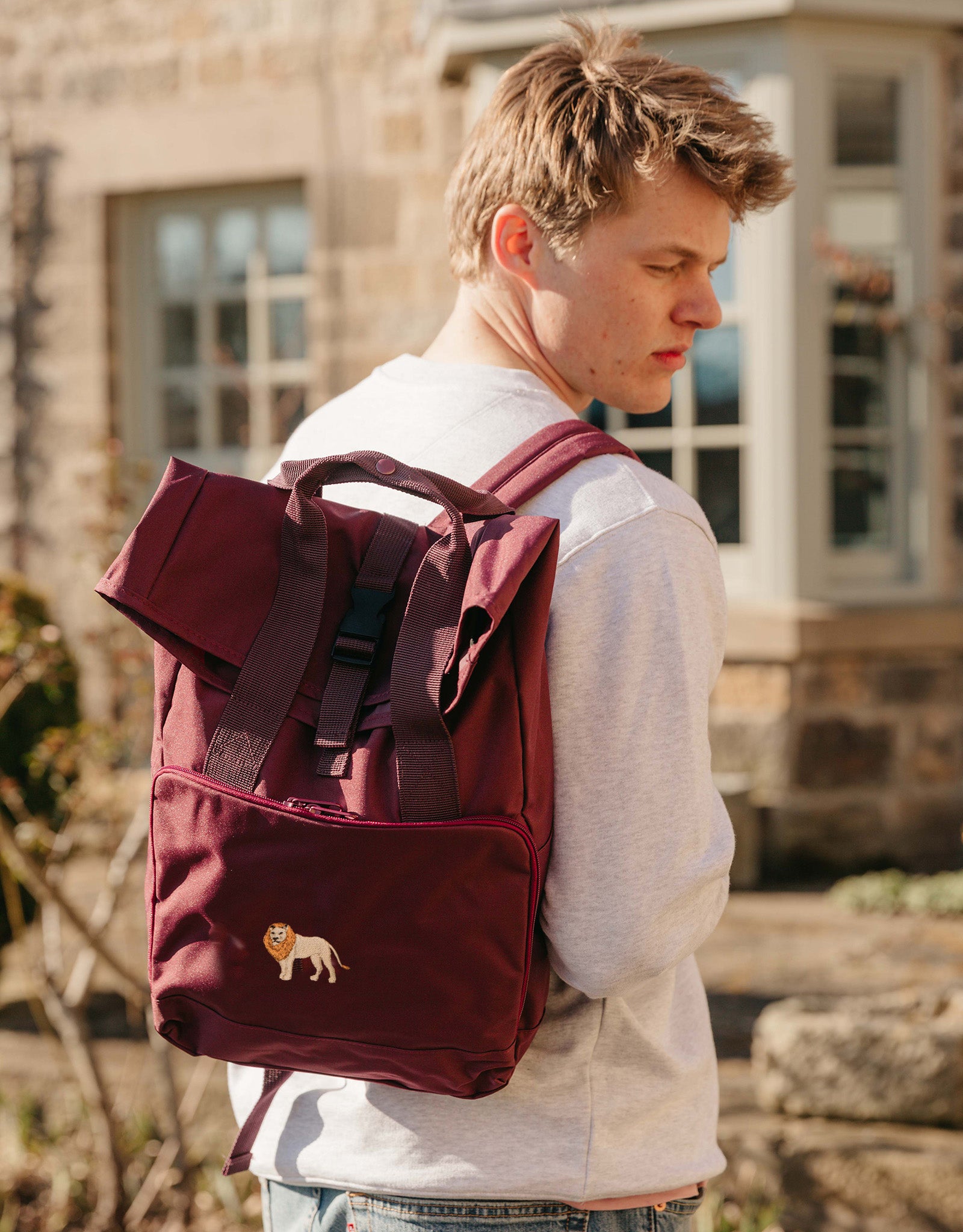 Lion Embroidered Fold-Top Backpack