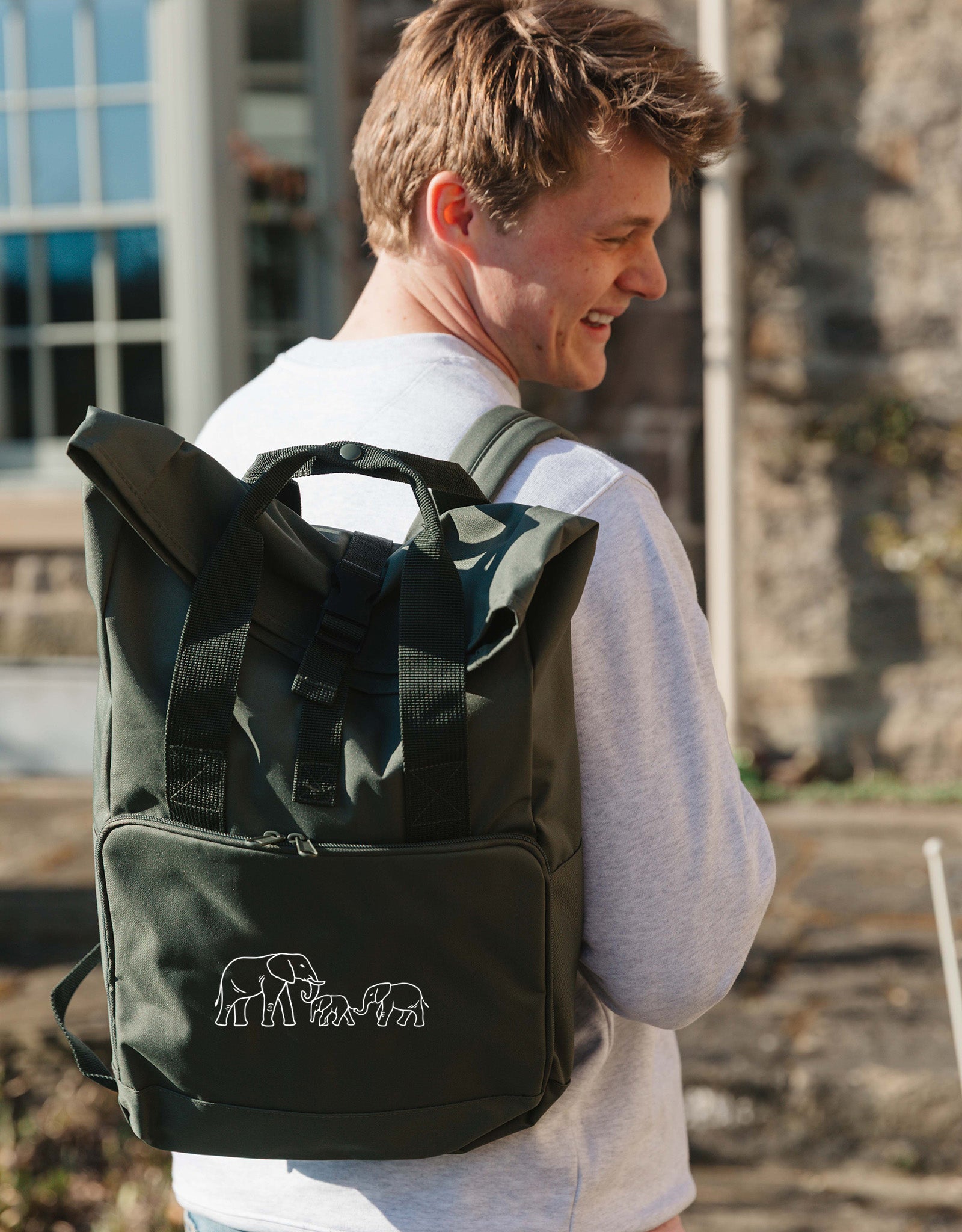 Family of Elephants Embroidered Fold-Top Backpack