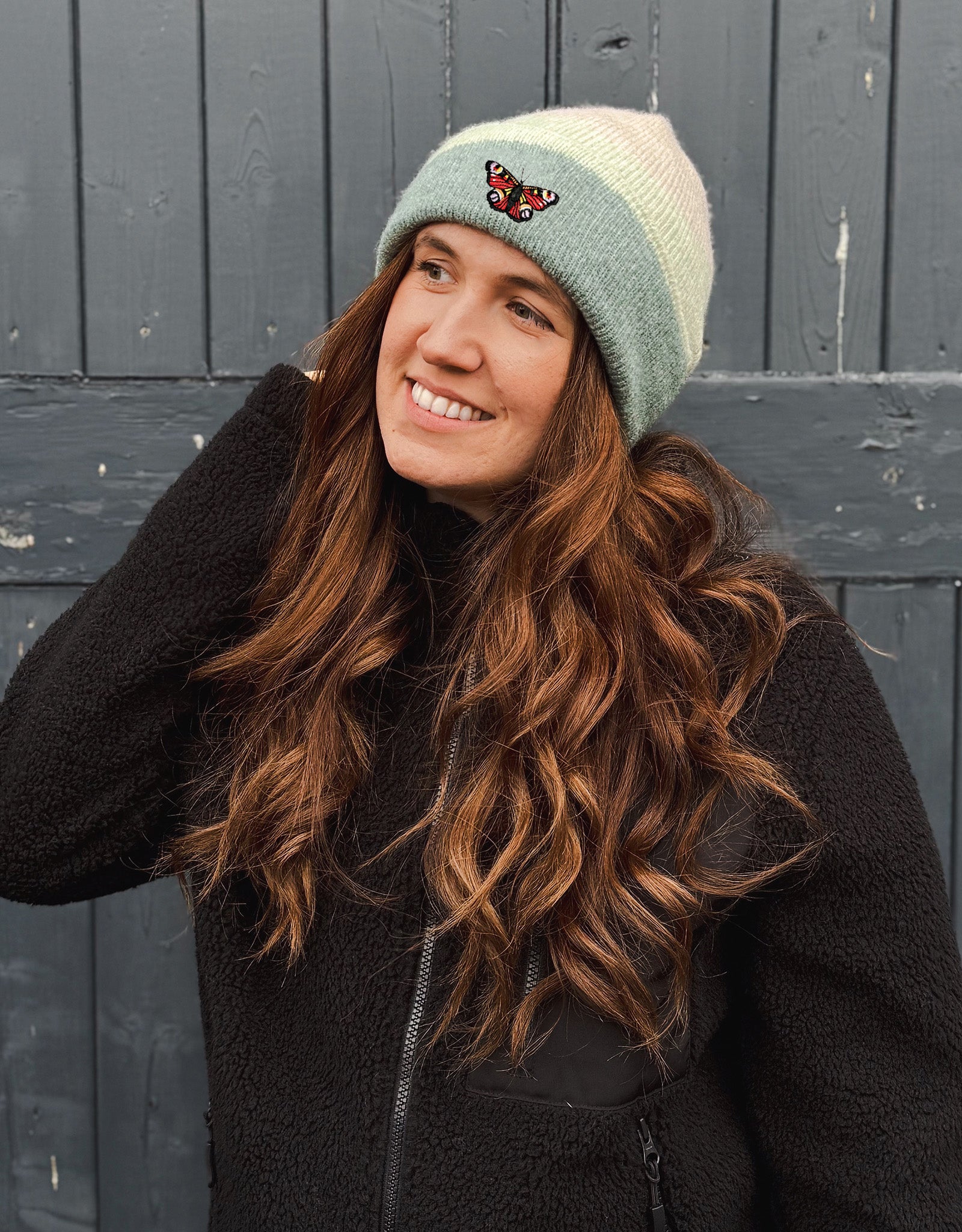 Peacock Butterfly Embroidered Tonal Beanie