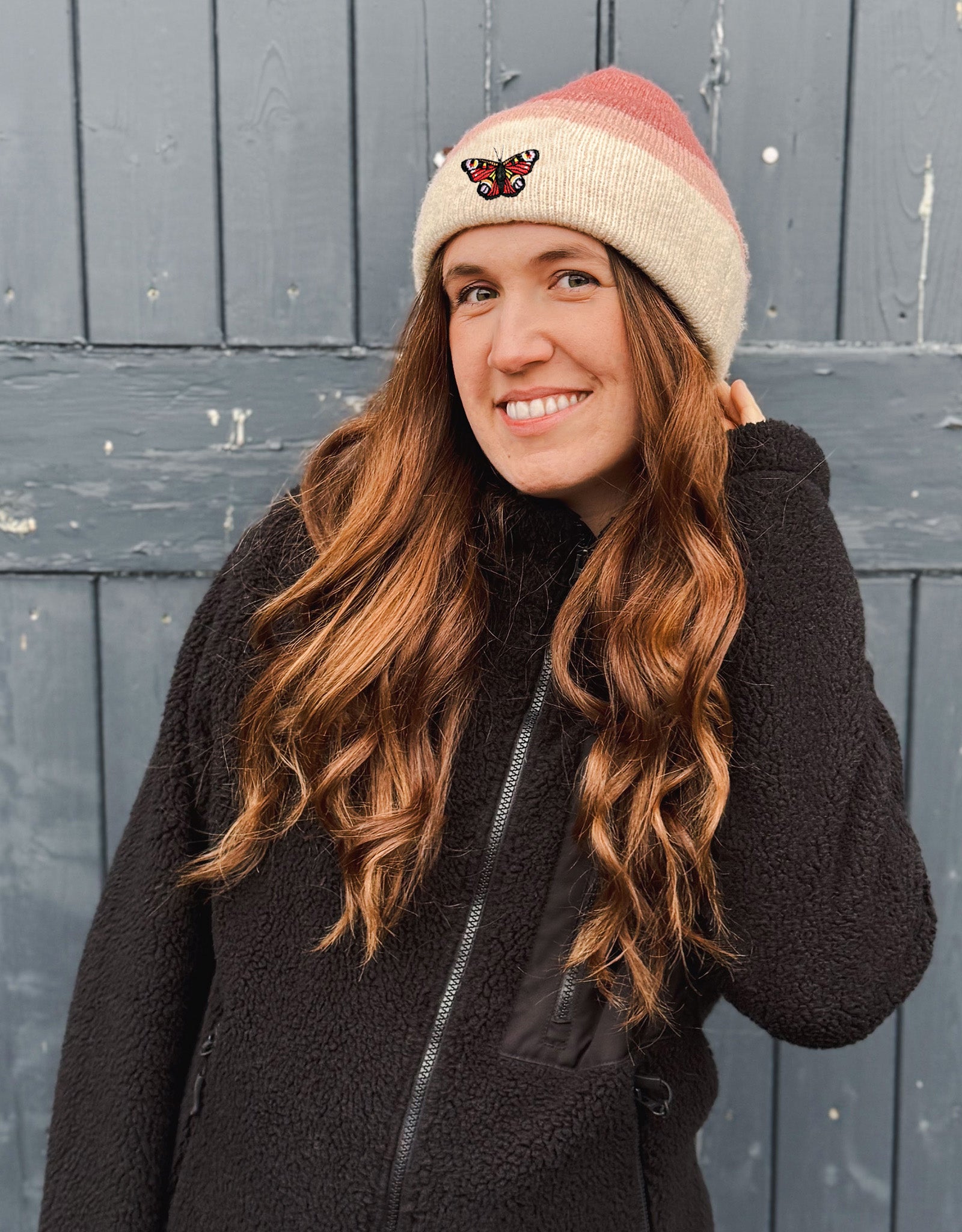 Peacock Butterfly Embroidered Tonal Beanie