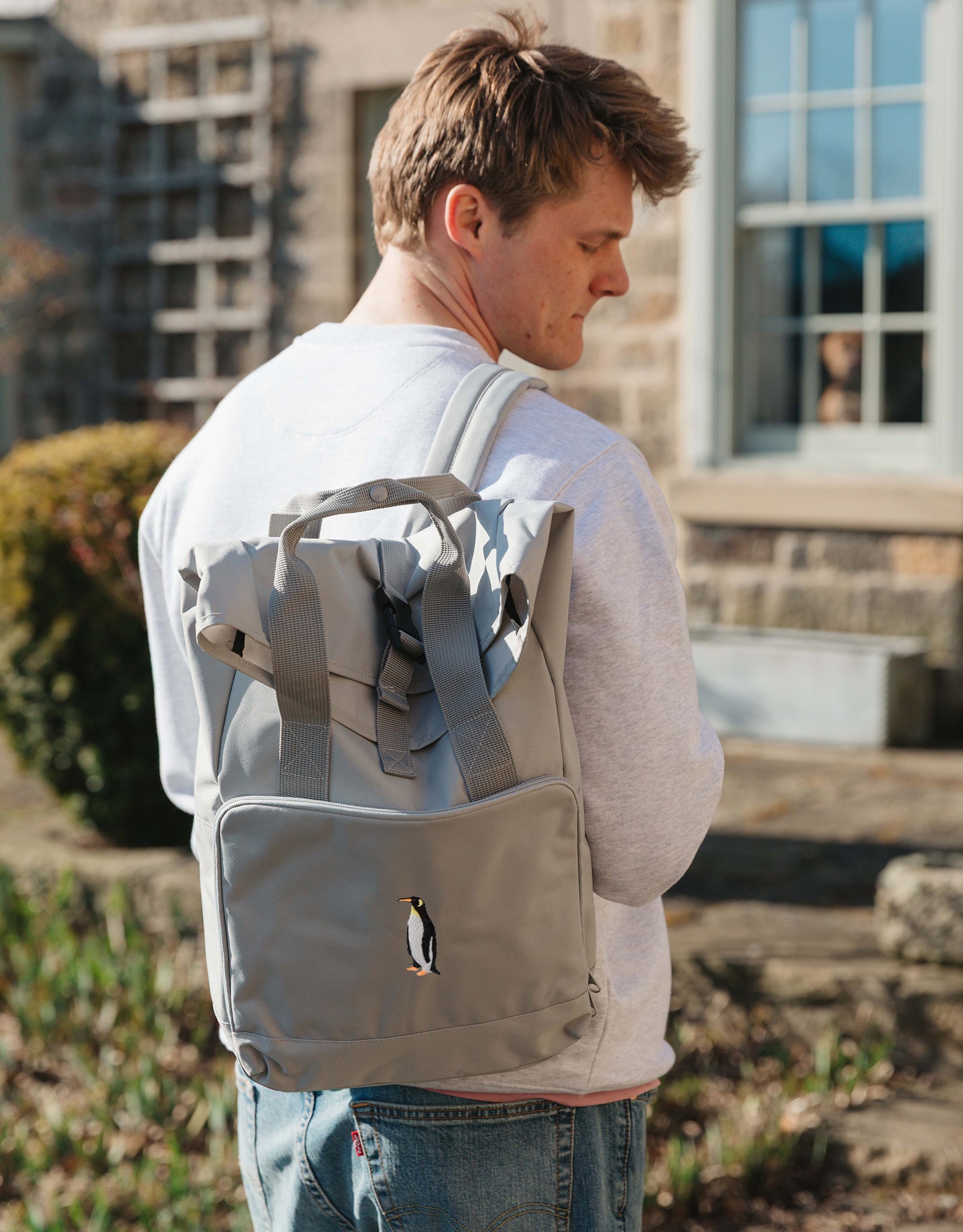 Penguin Embroidered Fold-Top Backpack