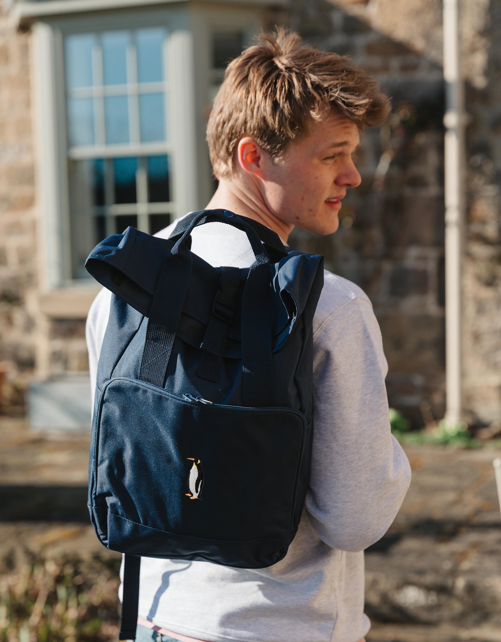 Penguin Embroidered Fold-Top Backpack