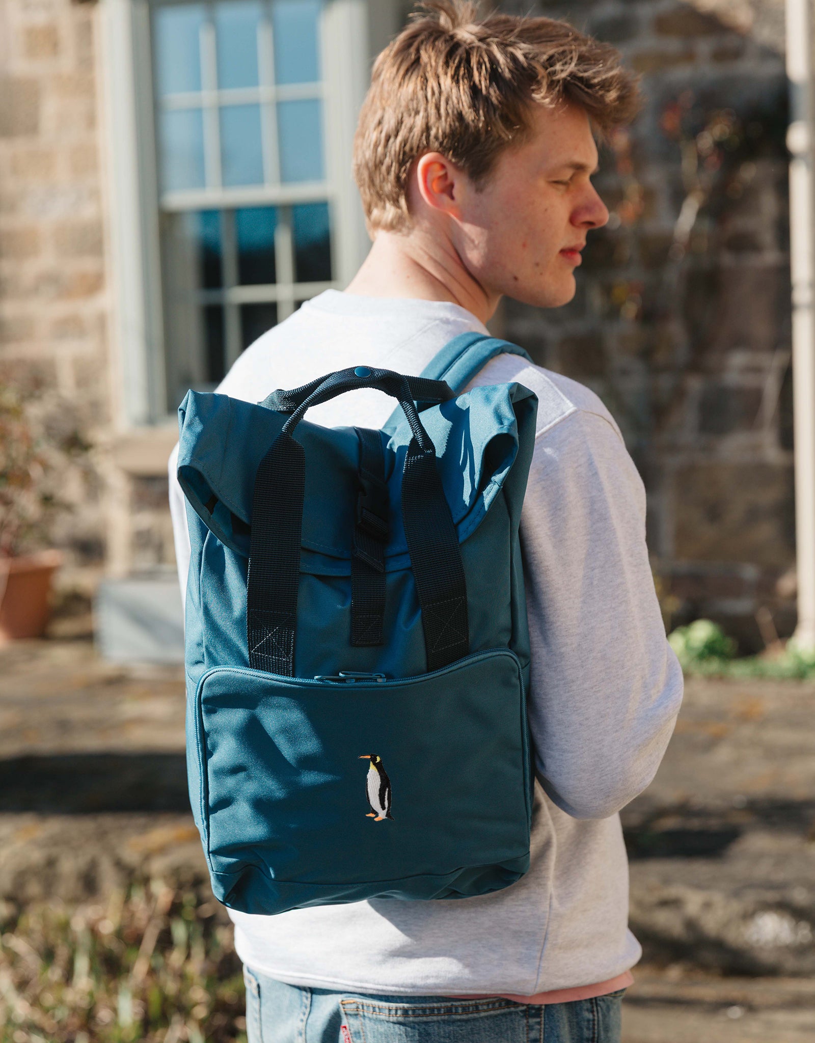 Penguin Embroidered Fold-Top Backpack