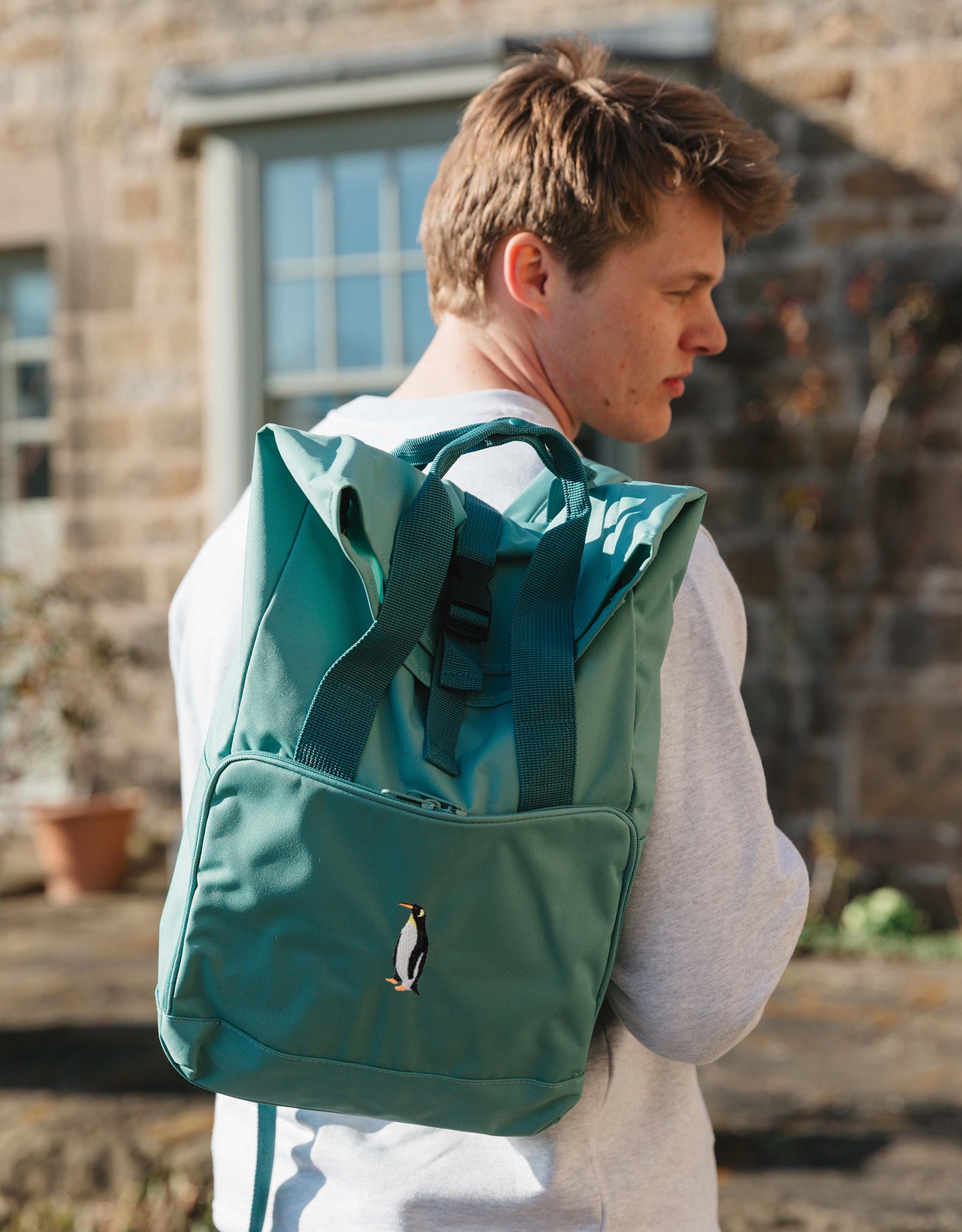 Penguin Embroidered Fold-Top Backpack