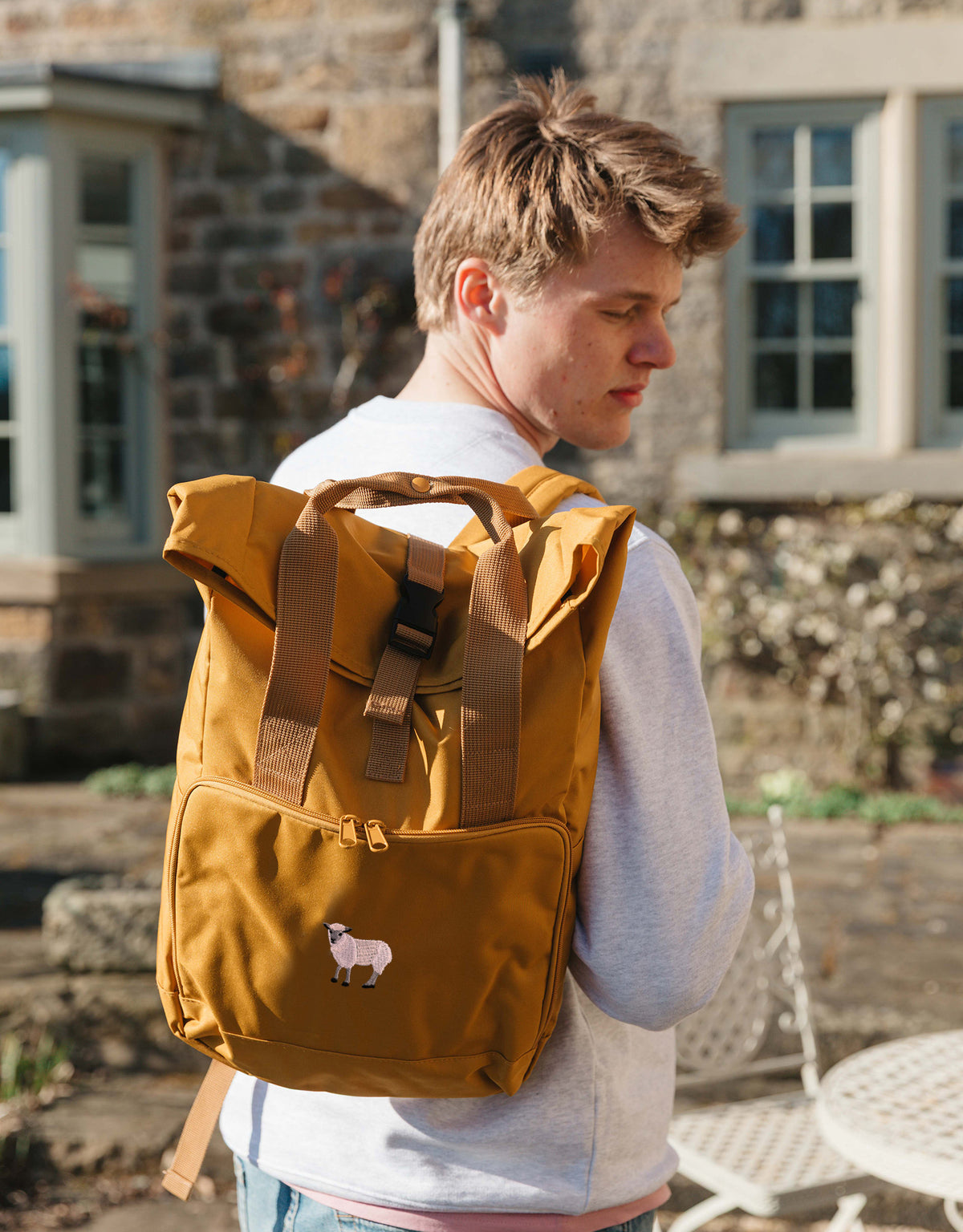 Sheep Embroidered Fold-Top Backpack