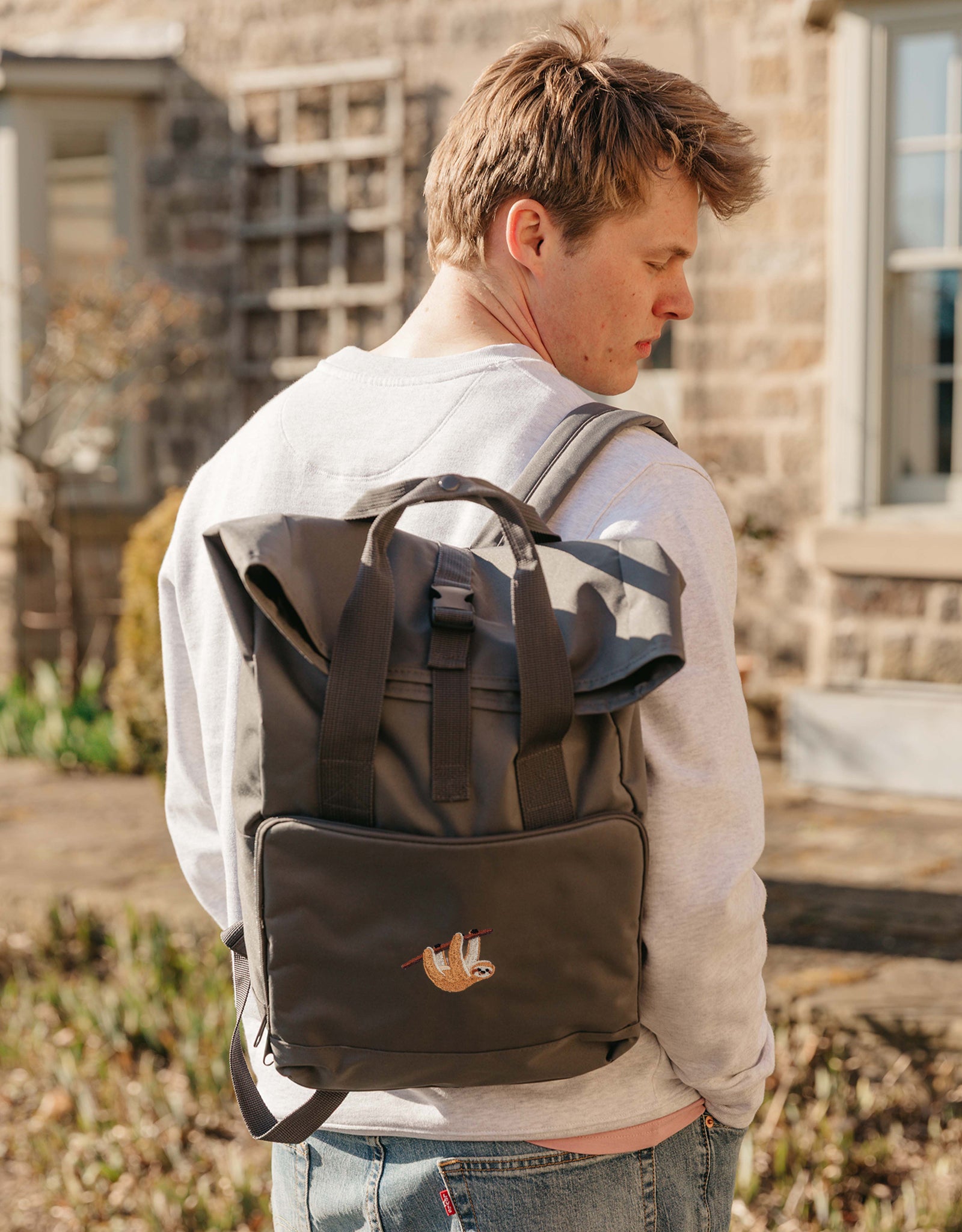 Sloth Embroidered Fold-Top Backpack